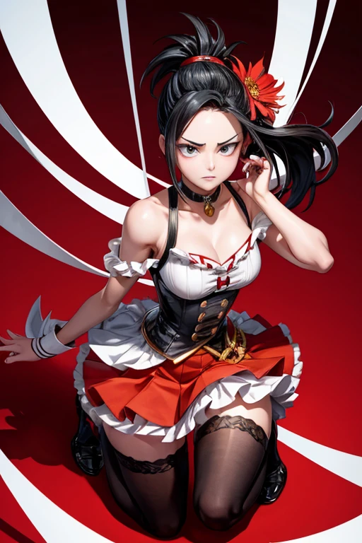 a full body illustration of momo yaoyorozu from My Hero Academia serie, she is using a spiky black ponytail, a large bang framing the right side of her face, and sharp black eyes that exuded intelligence, her well developed body garbed in fashionable attire that consisted of a flower-patterned white blouse that hung off her shoulders, a frilly red bodice and skirt, and black stockings that balanced the black choker bearing a golden, coin-shaped nameplate