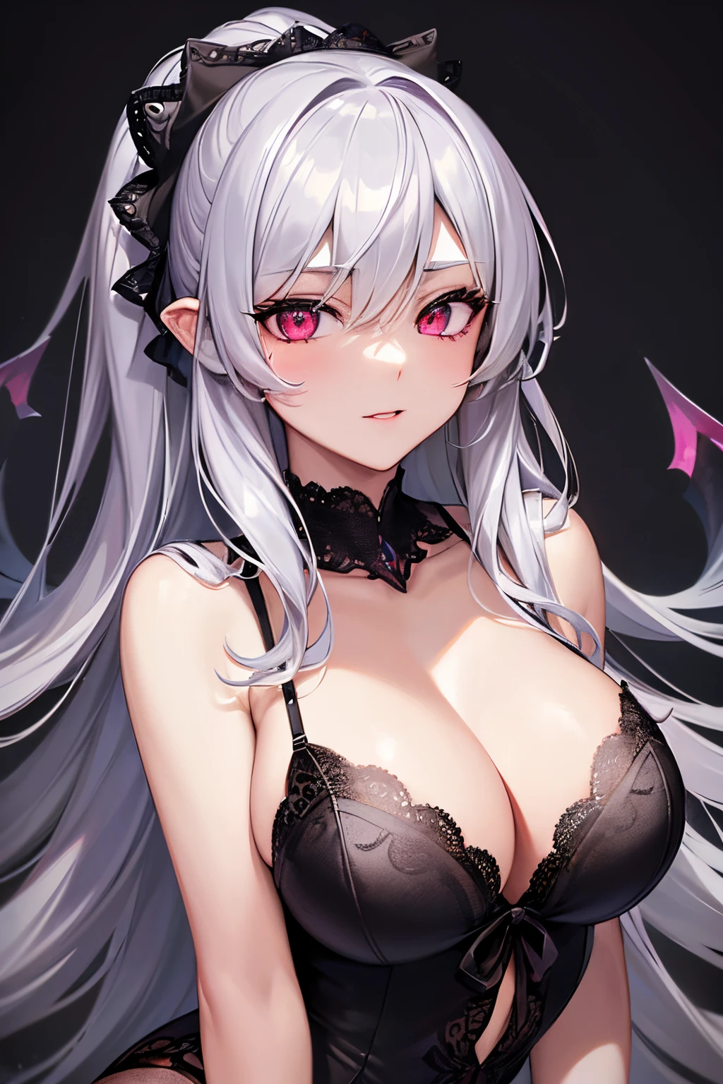 (ultra-detailed, best quality, portraits:1.2), Boosette, vibrant colors, detailed face and body, seductive expression, black lace lingerie, flowing dark hair, sultry pose, glowing eyes, soft lighting