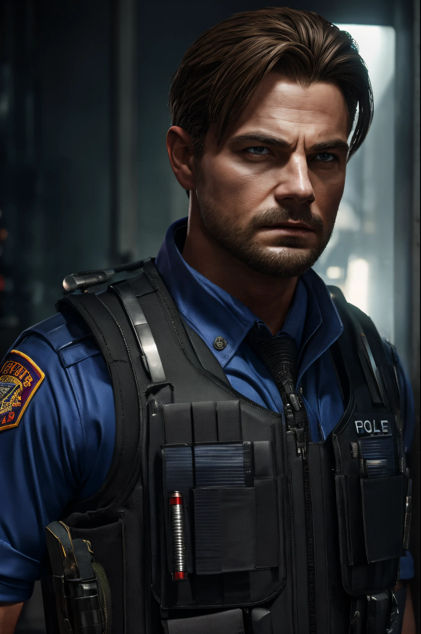 1boy, cowboy shot of re2leon, police uniform, bulletproof vest, athletic, volumetric lighting, best quality, masterpiece, intricate details, tonemapping, sharp focus, hyper detailed, trending on Artstation, looking at viewer, realistic