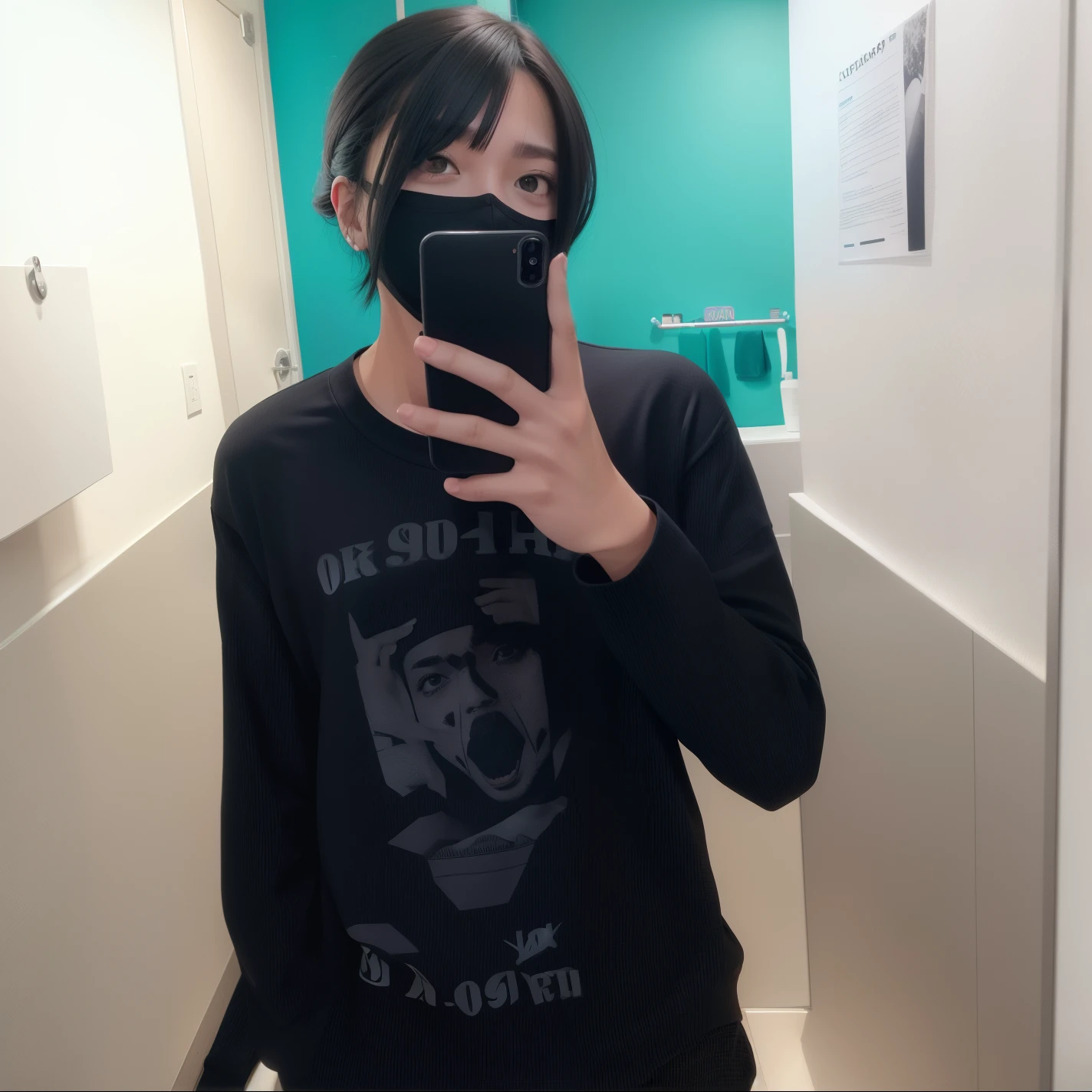 there is a woman taking a selfie in a bathroom mirror, Ulzzang macho, vestindo camiseta preta, he is wearing a black t-shirt, mall goth, vestindo uma camisa preta, no banheiro, wearing all black mempo mask, vestindo roupas pretas, vestindo uma camiseta preta, vestindo uma camiseta preta, vestindo roupas pretas, foto de perfil, com cabelos pretos