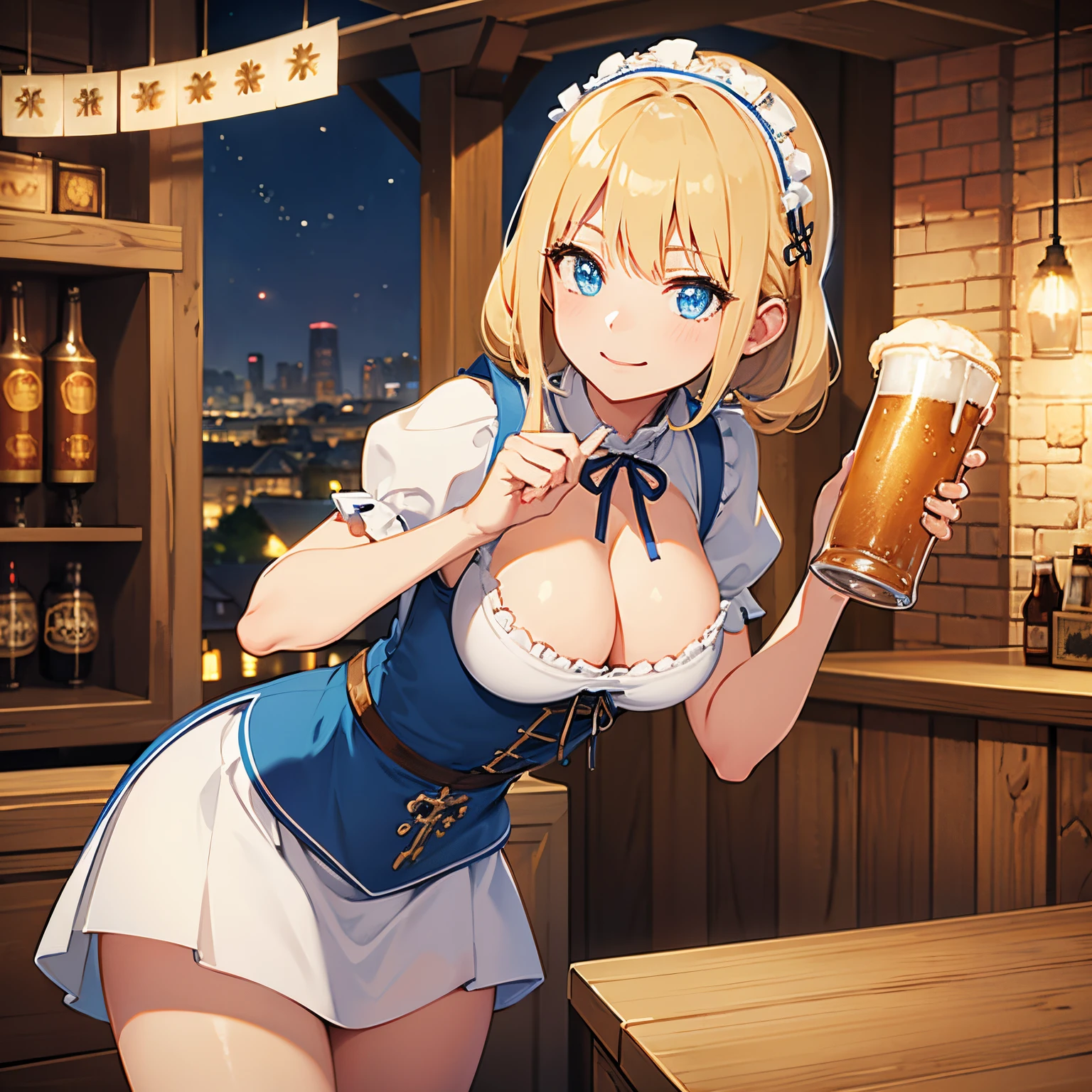 medieval town, bar, blond, blue eyes, medium breasts, (dirndl), (big beer in both hands), front view, lean forward, 1 girl, smile