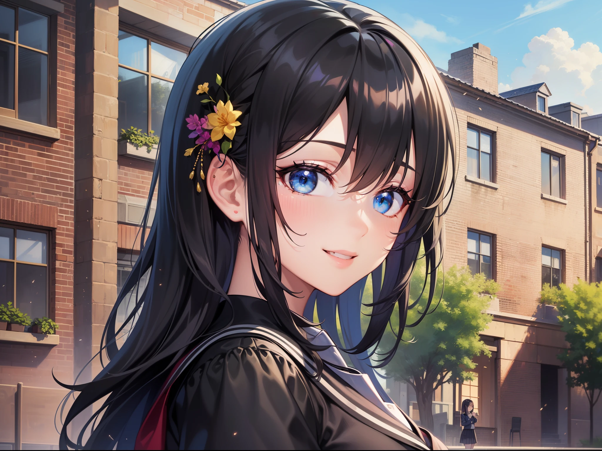 ((Best Quality)), ((Best Masterpiece)), (Details:1.4),32k,Best Anime,Sharpness,Best Wallpaper,Wind Operation:0.9,(Schoolgirl),Two Women,Smiling,Schoolyard,Sunlight, (Indestructible Perfect Anatomy),(Beautiful eyes with detailed detail, shiny black),(Beautiful uniform with detailed and detailed),(Glossy shortcut,Center parting)