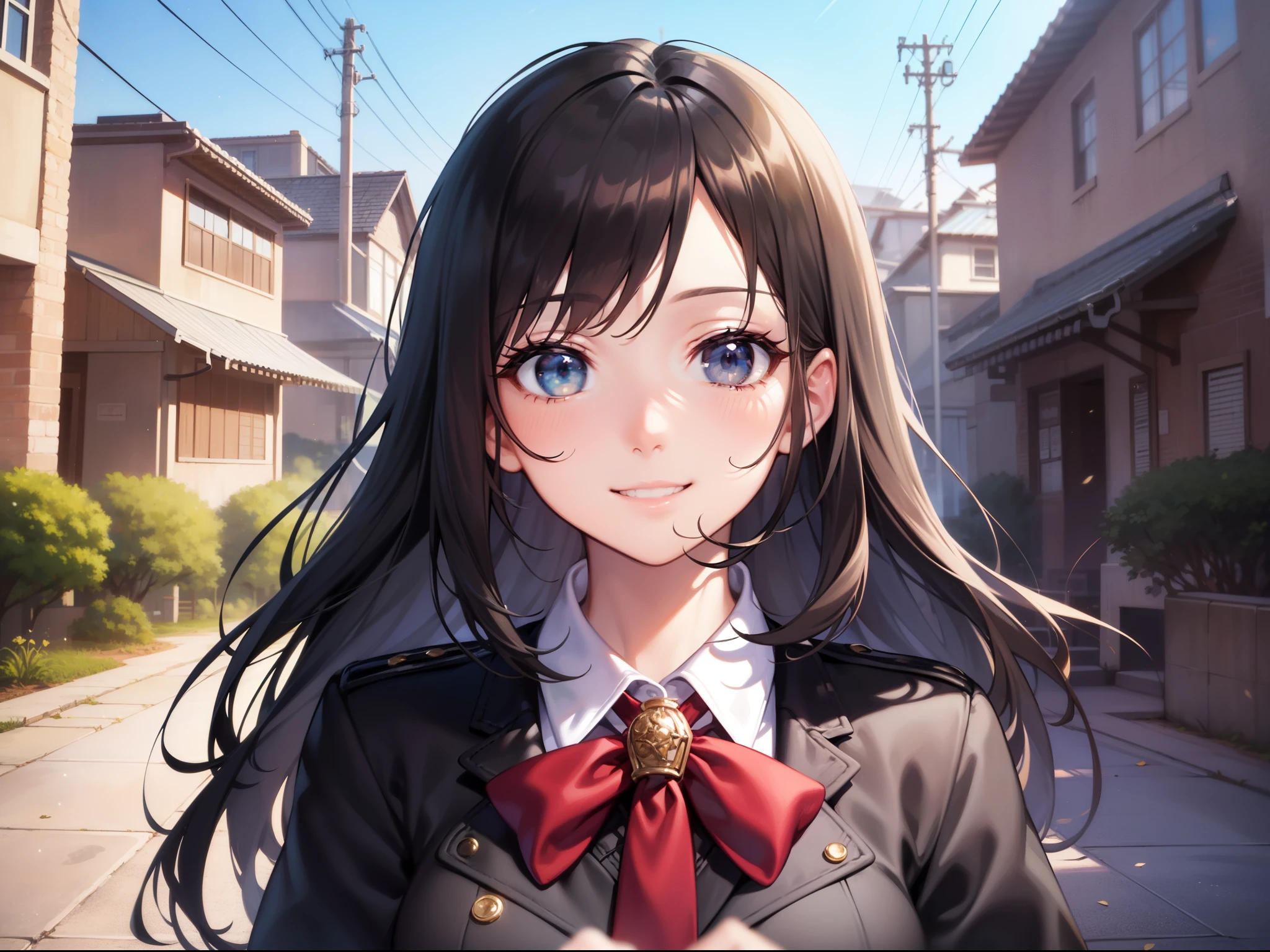 ((Best Quality)), ((Best Masterpiece)), (Details:1.4),32k,Best Anime,Sharpness,Best Wallpaper,Wind Operation:0.9,(Schoolgirl),Two Women,Smiling,Schoolyard,Sunlight, (Indestructible Perfect Anatomy),(Beautiful eyes with detailed detail, shiny black),(Beautiful uniform with detailed and detailed),(Glossy shortcut,Center parting)