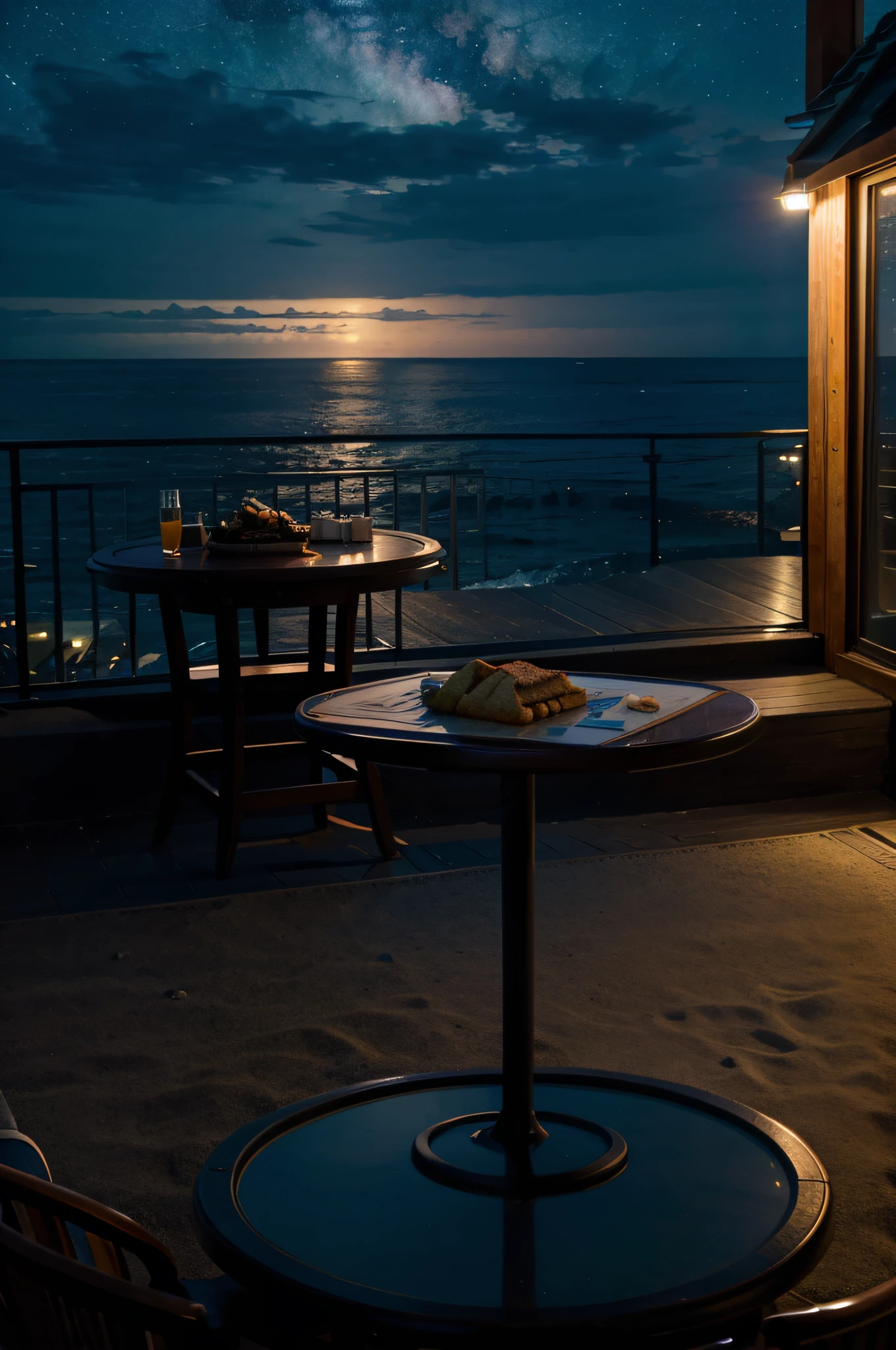 beautiful ocean, beautiful starry night sky, amazing scenery, ultra realistic, in front of table, food on table, wind