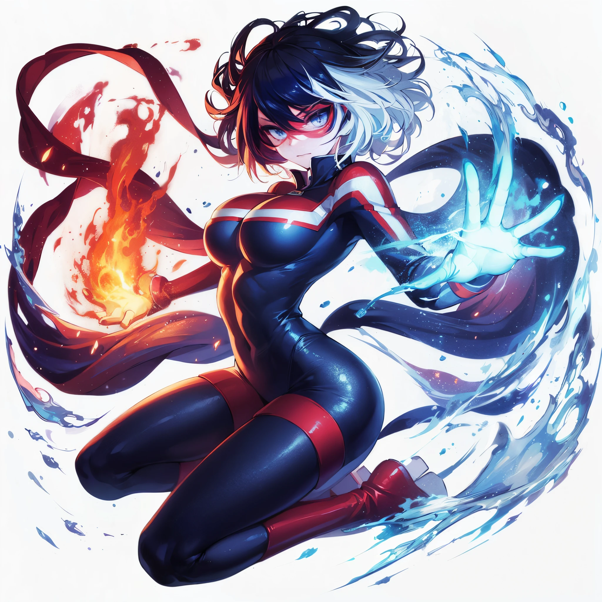 (masutepiece, of the highest quality), (Perfect athlete body: 1. 2), (Fine hair), Ultra Detail, Anime style, Full body, Solo, Superpowered high school girl heroine, hero domino mask, highleg leotard, Gloves and knee boots, image color: red and blue, Black and white hair, Flying Blue Sky, , Background: white , Full body, Energy pulse, ((Fire and ice in a woman&#39;s hands)) (spinning pose)