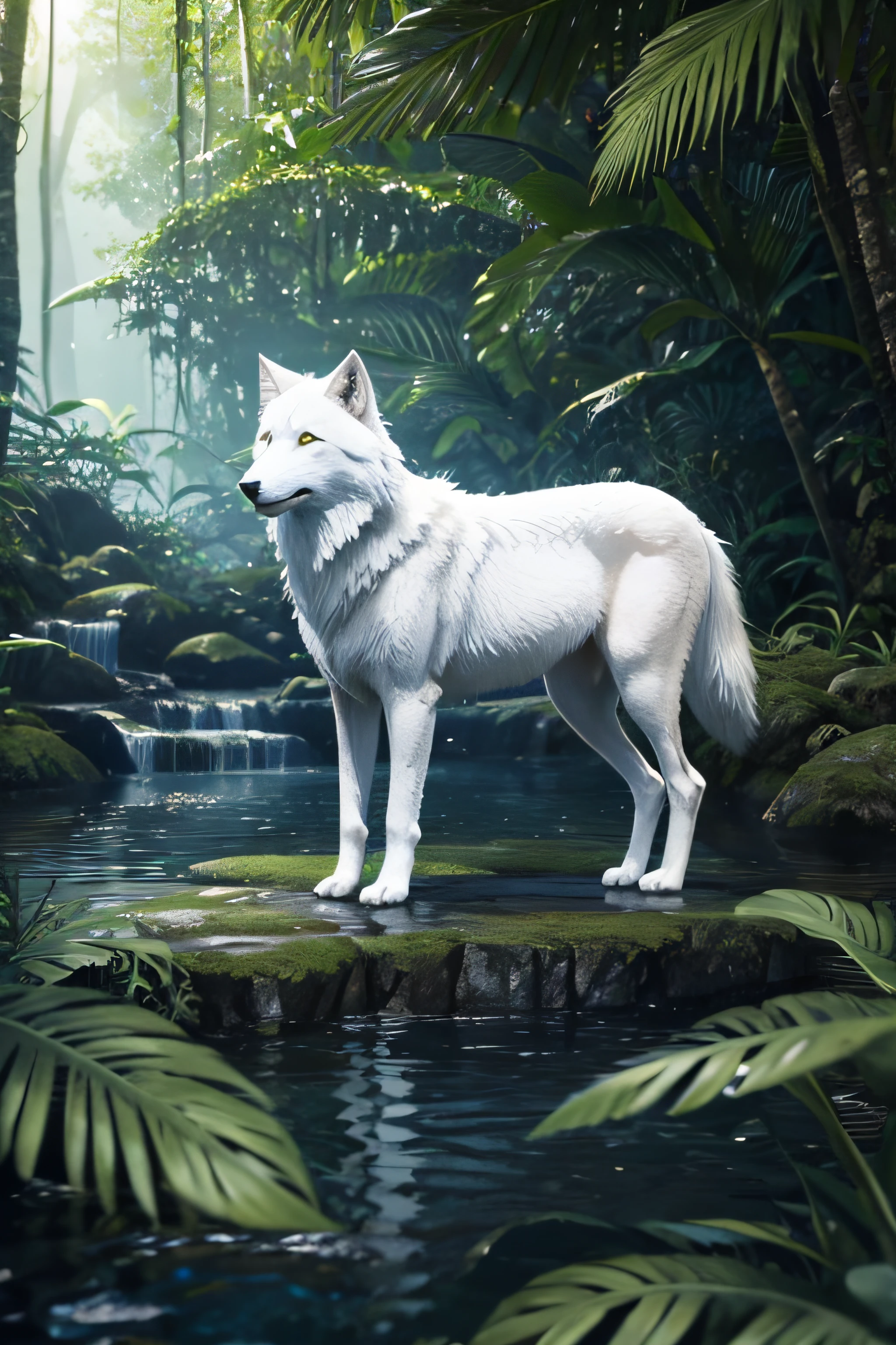white wolf standing in water surrounded by jungle, 3d
