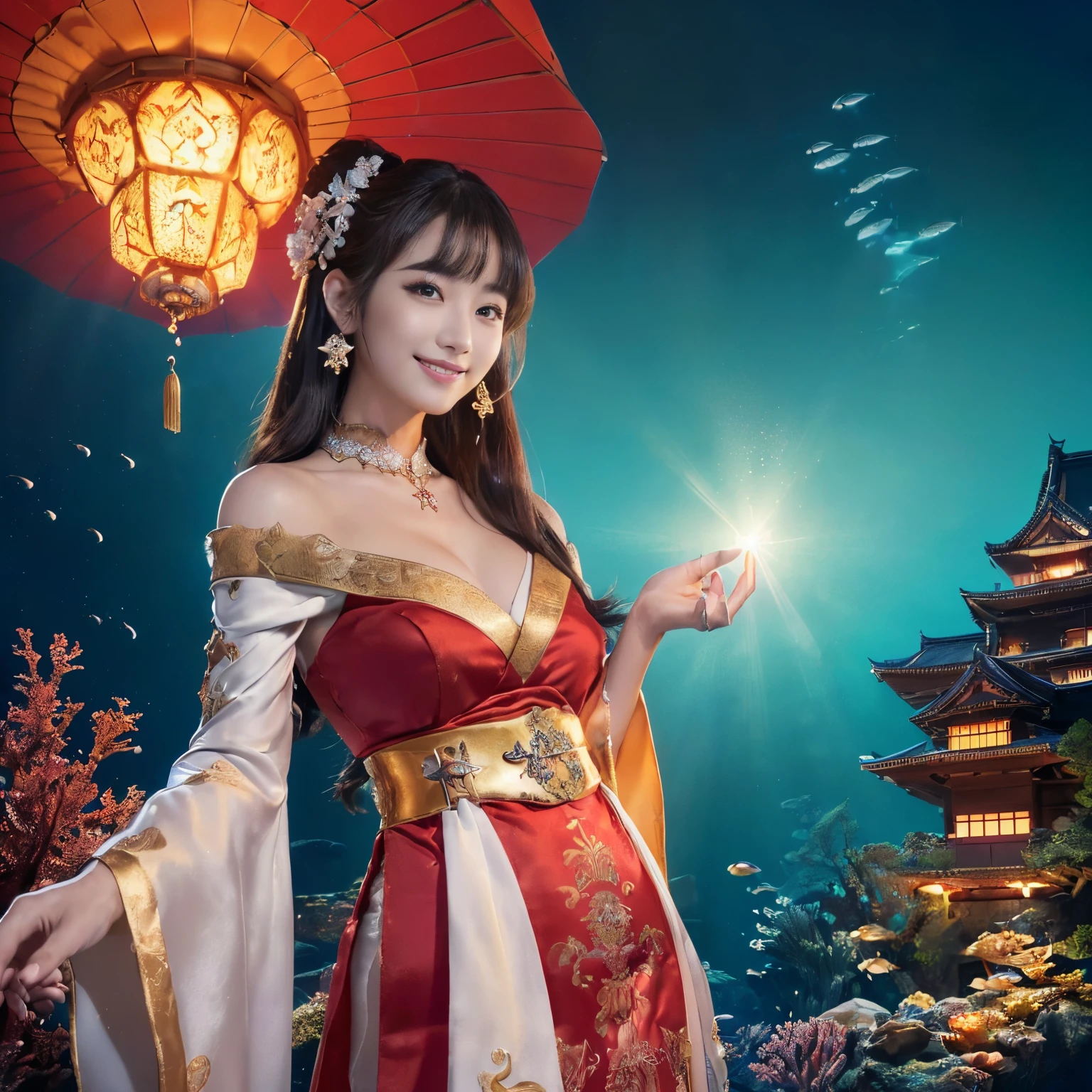 ((top-quality、masutepiece、8K、Top image quality、Highly complex and detailed depictions、super-fine、1 photo))、((one princess、Take a photo of the princess&#39;s upper body、luxurious courtesan costume、Luxurious furisode、Luxurious hair ornaments、The background is a castle in the deep sea、She stands at the entrance to the deep sea castle、Many beautiful fish are swimming around the castle.、many beautiful corals and fish)、((Very intricate and detailed Japanese castle、An incredibly gorgeous and luxurious castle、The most luxurious and ornate castle、Beautiful Niwa-lacquered castle pillars、Exterior of Niwa-nuri Castle、luxury tile roof、Gold decoration of Niwa-nuri castle、Luxurious Japanese castle in red and gold、red shining castle、red lantern lighting、The most fantastic)))、(View me、Biggest smile、The happiest smile、Look at viewers、photo of her upper body、Perfectly depict detailed and complex underwater scenes、Detailed depictions of many beautiful sea creatures)