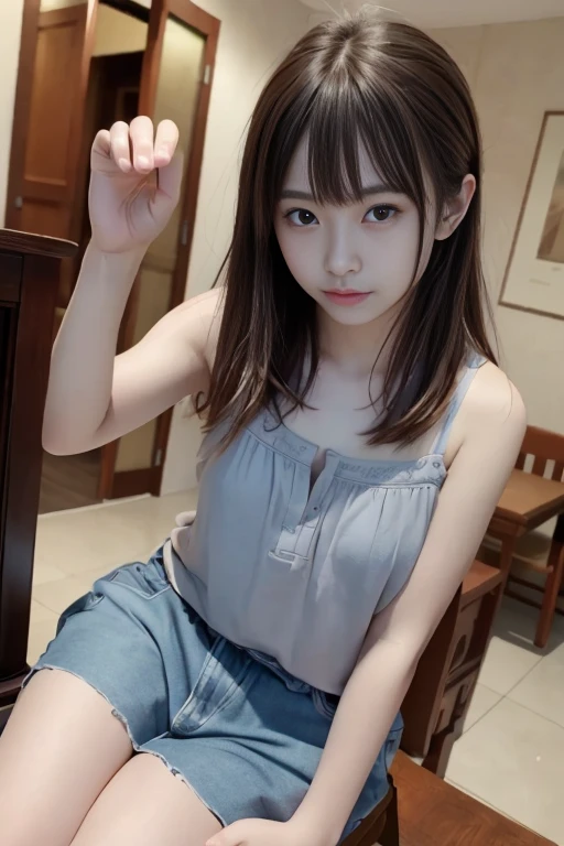 top-quality、​masterpiece、1 、A slender、length hair、small tits、camisole、hyperdetailed face、Detailed eye、二重まぶた、Denim Mini Skirt、knee high socks、full bodyesbian、without background、Beautiful abs、a navel