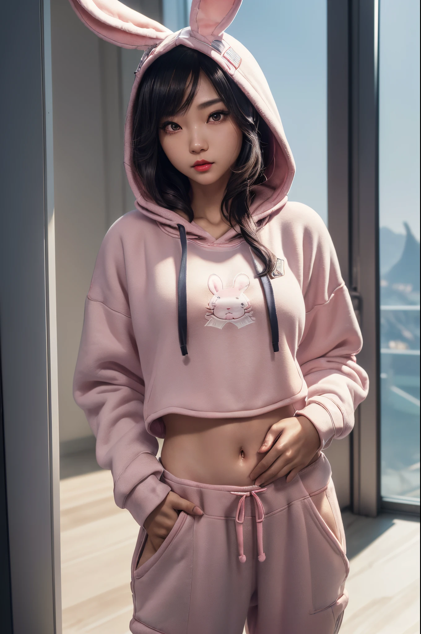 1girl, beautiful Korean girl, (Cute Loose Bob hair), (wearing a cropped bunny hoodie, capri sweatpants:1.5), (hands in pockets:1.5), (red lips:1.3), (small breasts:1.3), (toned stomach:1.3), (eyelashes:1.2), (aegyo sal:1.2), (detailed face), immersive background, volumetric haze, global illumination, (flowing hair), natural lighting, ((beautiful detailed eyes, symmetrical eyes), (photorealism:1.5), (photorealistic:1.4), (8k, RAW photo, masterpiece), High detail RAW color photo, realistic, (highest quality), (best shadow), (best illustration), ultra high resolution, highly detailed CG unified 8K wallpapers, physics-based rendering, realistic, realism, high contrast, hyperrealism, f1.6 lens, rich colors, hyper-realistic lifelike texture, cinestill 800),