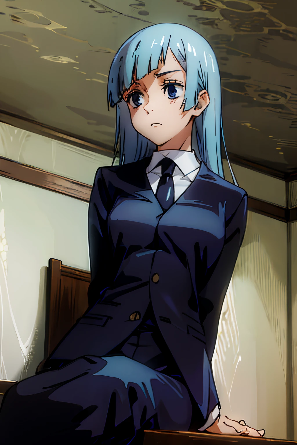 masterpiece, best quality, 1girl, miwa, blunt bangs, trouser, suit, black tie, long blue hair, blue eyes, sitting down, in a building, from below