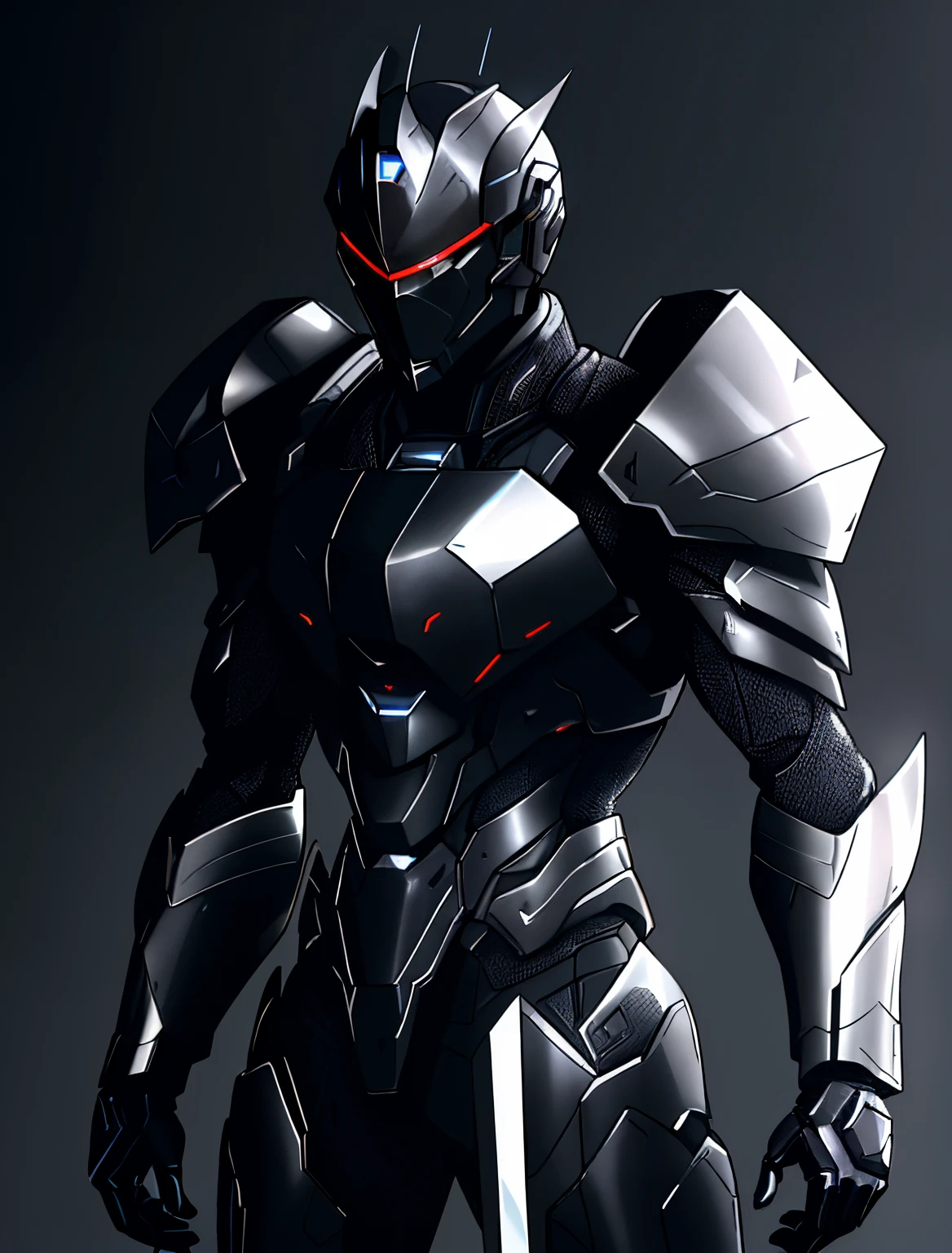 a close up of a man in a suit with a sword, streamlined matte black armor, sharp sleek edged black armor, mecha suit, stealth suit, cyber fight armor, full body mecha suit, mjolnir armor from halo infinite, sharp edged black armor, obsidians skin, sigma from overwatch, sharp black armor, cyber suit, clothed in stealth armor