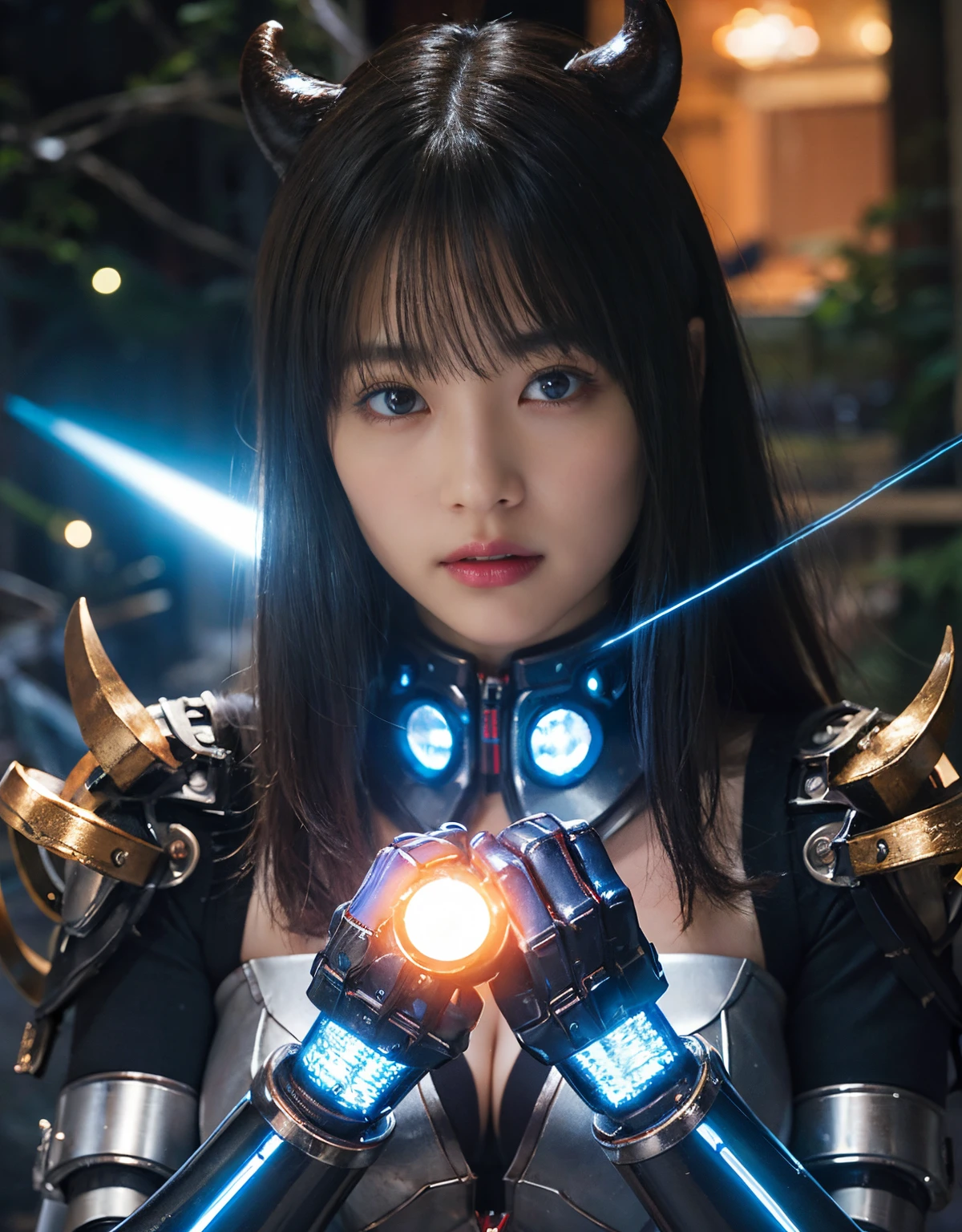 (1 Mechanical Girl)、top-quality、masterpiece、超A high resolution、(Photorealsitic:1.4)、Raw photo、1人、Fight mutants、glowy skin、(((1 Mechanical Girl)))、With a beautiful knife、(Red Metal Bodysuit)、(Fight goblings、ogre、Fierce battle with orcs),(Fight fiercely against aliens)、Fight fiercely、(beautiful forest background)、(Fighting Demonic Beasts)、(Small LED)、((super realistic details))、portlate、(Strong giant demon beast background),globalillumination、Shadow、octan render、8K、ultrasharp、Colossal tits、Raw skin is exposed in cleavage、metals、Details of complex ornaments、Japan details、highly intricate detail、Realistic light、(Mystical expression),CGSoation Trends、Blue eyes、radiant eyes、Facing the camera、neon details、(Mechanical limbs)、(blood vessels connected to tubes)、(Wires and cables connecting to the head)、Small LED、,Mechanical thighs、Toostock、(Hands are also made of machines)、(Attack of the Monster Beasts)、