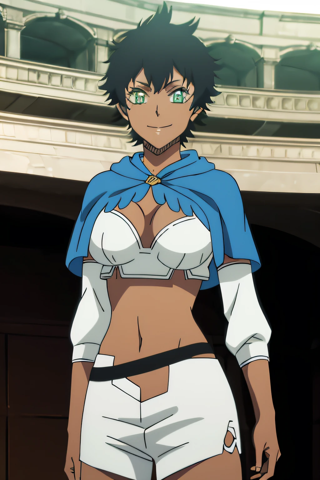 SOL, SHORT HAIR, BLACK HAIR, GREEN EYES, DARK SKIN, MEDIUM BREASTS, SPIKED HAIR, BANGS, shorts, white shorts, capelet, thighhighs, detached sleeves, crop top, 1girl, solo, upper body, facing viewer, looking at viewer, smile,