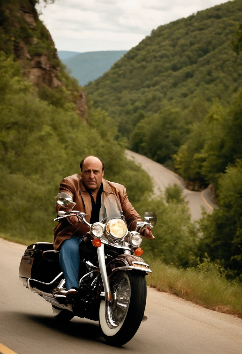 A photo of Tony riding a Harley Davidson motorcycle on a winding mountain road.,The Sopranos,Tony Soprano, the fictional mob boss in “The Sopranos,” is a physically imposing figure, with a broad, stocky build, and a face that often shifts between a charming smile and a menacing glare. His attire, usually consisting of sharply tailored suits or casual polo shirts, adds to his air of authority and the duality of his life as a mobster and family man.