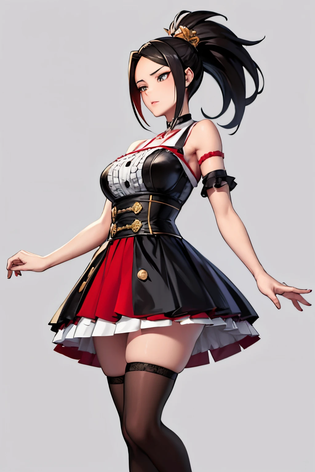 a full body illustration of momo yaoyorozu from My Hero Academia serie, she is using a spiky black ponytail, a large bang framing the right side of her face, and sharp black eyes that exuded intelligence, her well developed body garbed in fashionable attire that consisted of a flower-patterned white blouse that hung off her shoulders, a frilly red bodice and skirt, and black stockings that balanced the black choker bearing a golden, coin-shaped nameplate