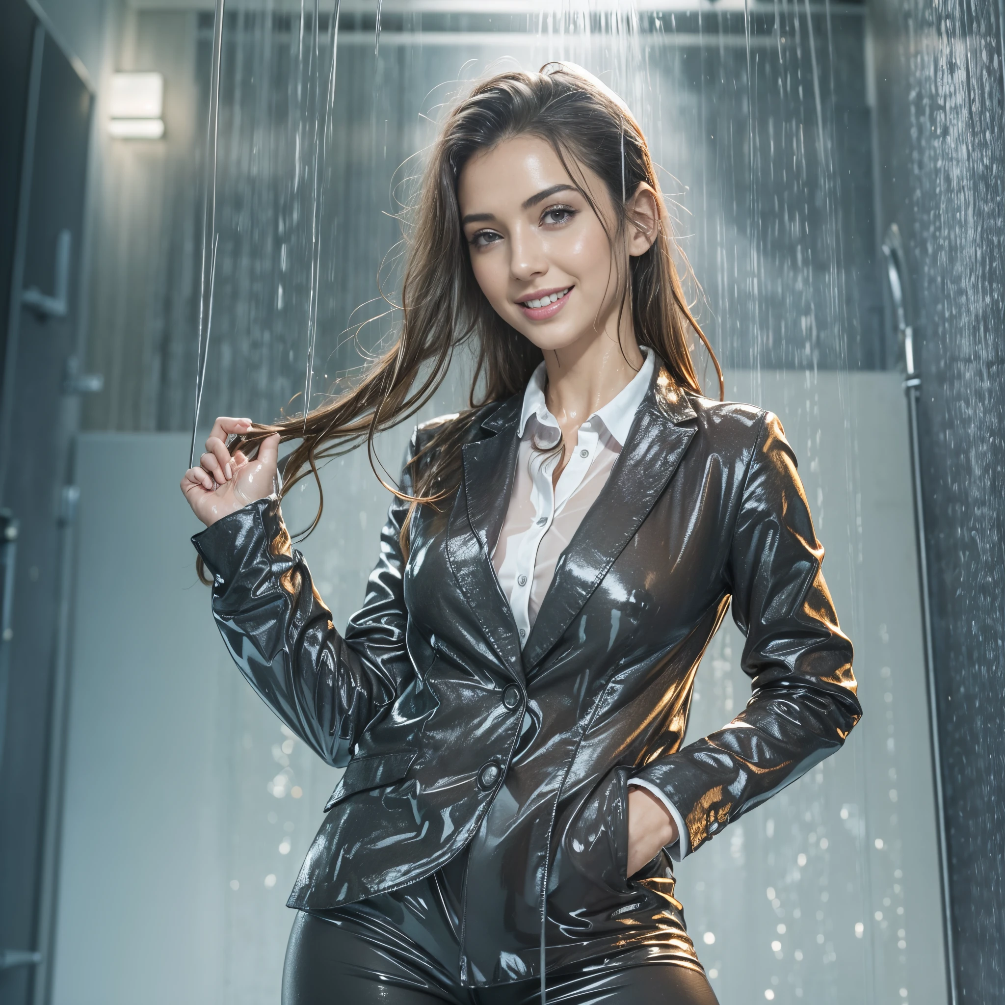 (masterpiece, best quality:1.2), in the shower, solo, 1girl, 27 yo businesswoman, smile, looking at viewer, corporate outfit, tight shirt, jacket, pants, wet clothes, soaked, wet hair, wet skin, translucent, glistening with oil, fully clothed