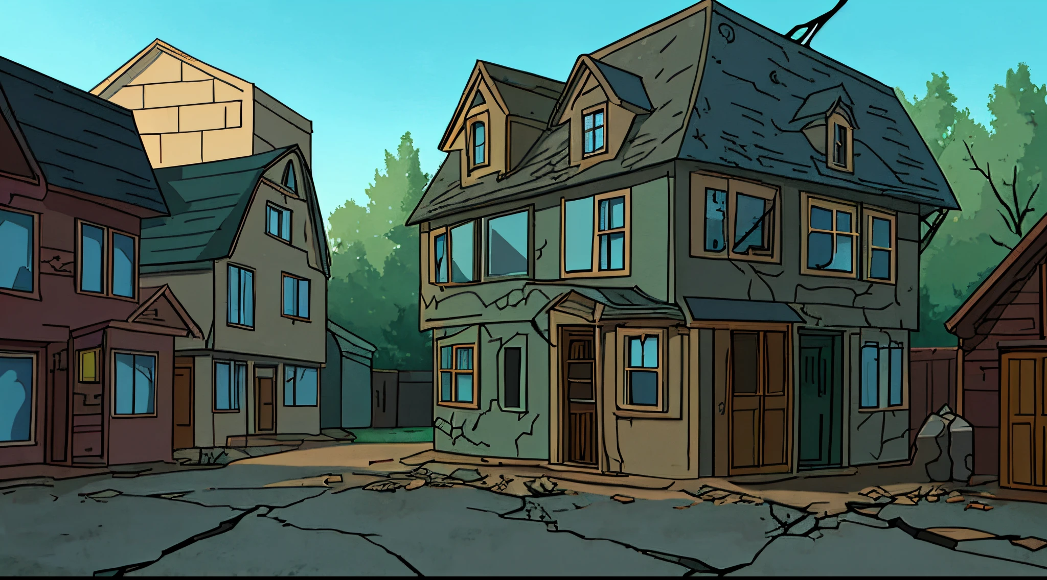 Into a empty Trap house، cracked house, cartoon style