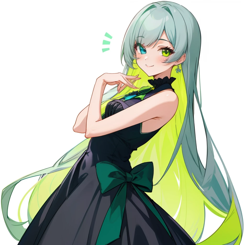 She is a girl and her eye color is heterochromia.(Right eye is red、left eye is purple)、Hair is green、Even the clothes are green。Sleeveless with exposed shoulders、The frills on the shoulders are accented with black。Take an upright pose、White background。Beautiful anime-like image of a young girl, long green hair, Green eyes, sleeveless combat dress, Bow, a smile, masutepiece, high quality 1 girl, (gros-plan), (Cute: 1.2), , (elongated eyes), (Bright green), (Blue | Gray hair), (thick eyelids) , (fuffy dress), (Dark green dress),