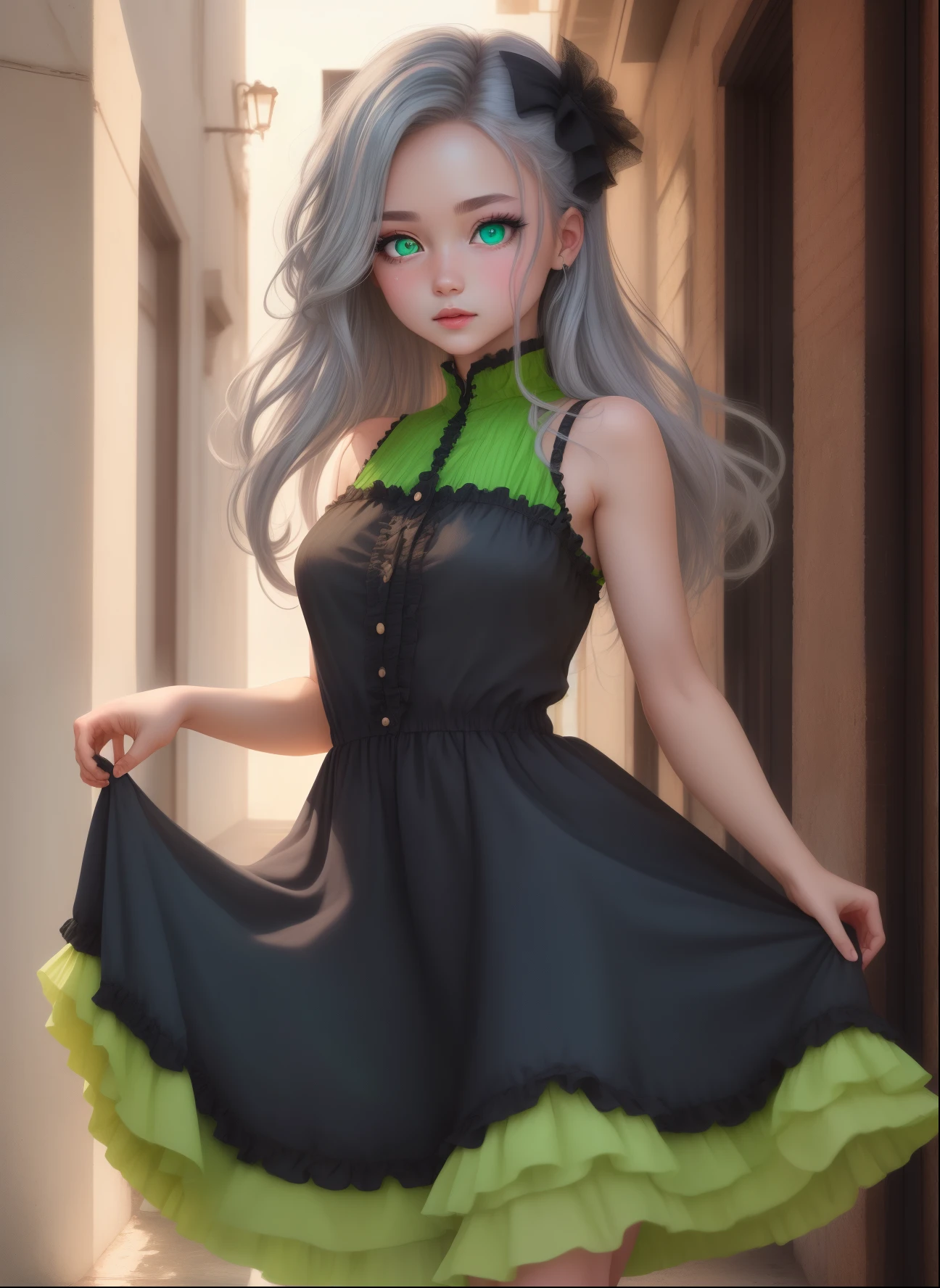 What is the color of the girl's eyes?(Heterochromia)(Right eye is red、left eye is purple)Hair is green、Even the clothes are green。
(Shoulder out)sleeveless、The frills on the shoulders are accented with black、1girl in,(gros-plan), (Cute: 1.2),(Green eyes), (elongated eyes), (Bright green), (Blue | Gray hair), (thick eyelids) , (fuffy dress),