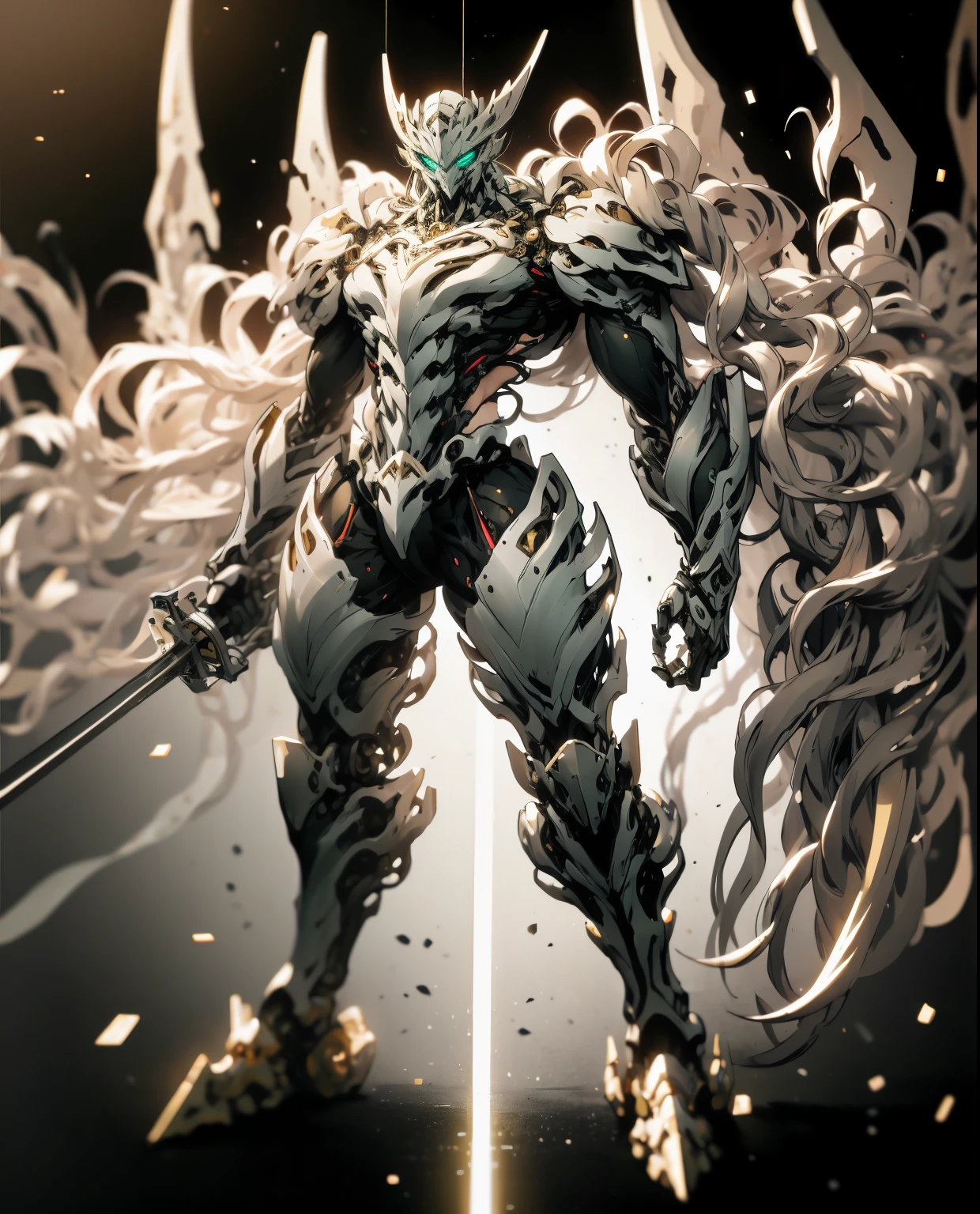 super wide shot, Full body frontal photo,Mecha male warrior， Jade Emperor style,《The mech colors are gold and black》，（《Holding the Xuanyuan sword》，The sword is full of futuristic technology，），（Full body mecha）, Keqing from Genshin Impact, (Masterpiece) ， The best quality， High quality，Gold armor，电影灯光， （Exquisite future）， Beautiful and beautiful， Ultra detailed， great composition， Floating， Depth of field， （Very detailed CG，Unity 8k壁纸）， （Beautiful detail background）， dramatic lights， GOGETTA， Mecha，best qualtiy，超高分辨率，