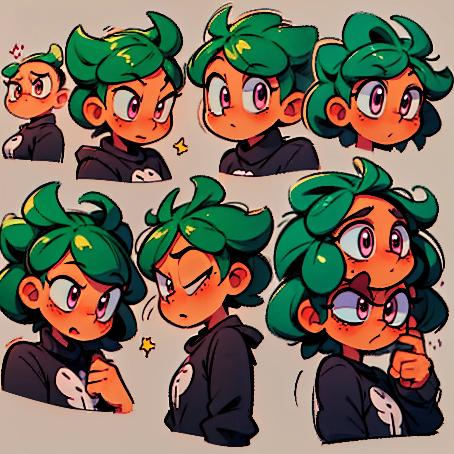 very happy anime female head icon short green hair pink eyes looking diagonal right up no background