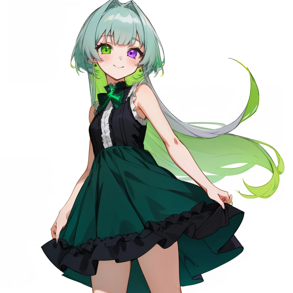 She is a girl and her eye color is heterochromia.（Right eye is red、left eye is purple）、Hair is green、Even the clothes are green。Sleeveless with exposed shoulders、The frills on the shoulders are accented with black。Take an upright pose、White background。Beautiful anime-like image of a young girl, long green hair, Green eyes, sleeveless combat dress, Bow, a smile, masutepiece, high quality 1 girl, (gros-plan), (Cute: 1.2), , (elongated eyes), (Bright green), (Blue | Gray hair), (thick eyelids) , (fuffy dress), (Dark green dress),