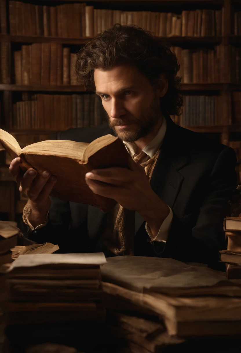 A photo of Vincent holding an old, enigmatic artifact, with a deep look of contemplation on his face.,original,Vincent “Vortex” Malone, with his disheveled appearance, is often seen in a dimly lit room, surrounded by screens and stacks of obscure books and papers. His wild, unkempt hair and intense, piercing eyes reflect his immersion in the world of conspiracy theories.