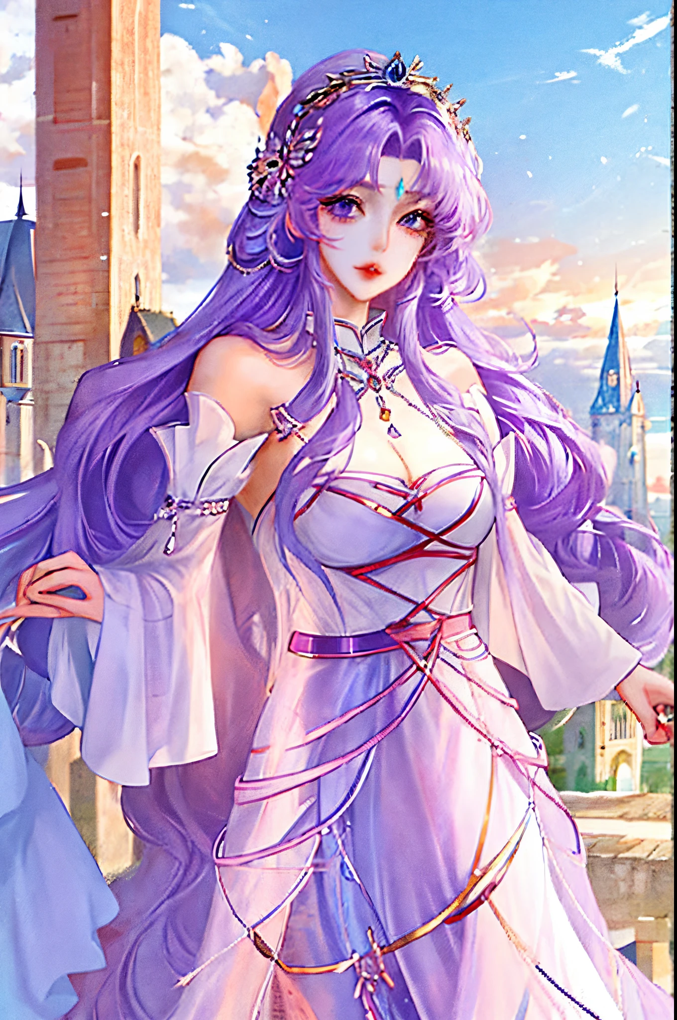 Anime girl standing among a tower, younger sister, the second princess of the Kingdom of Elidora, also the Tower of Challenge's guardian, Blow You Away with The Wind of Purity, Purple Is Powerful, Has purple hair and is a formidable Knight,