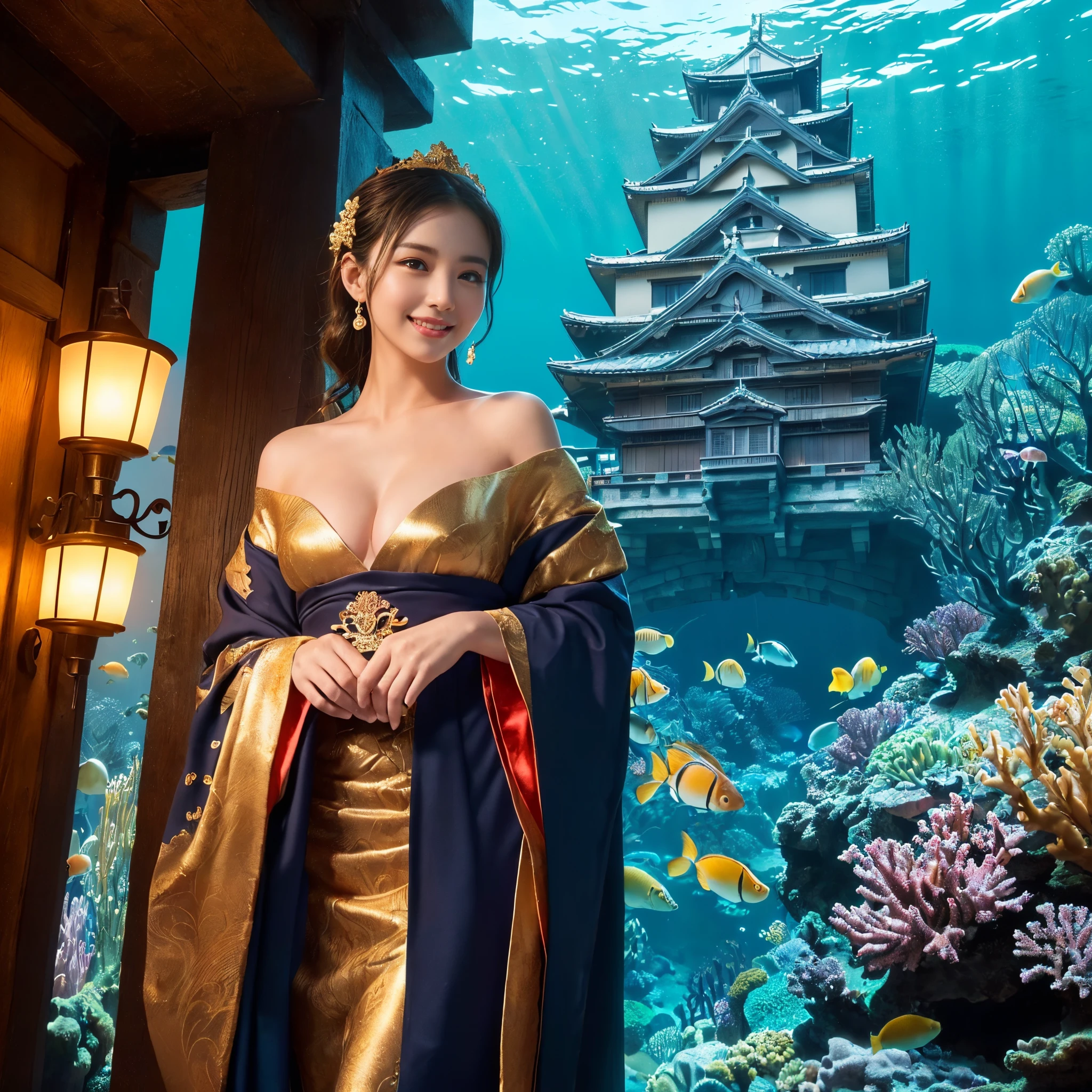((top-quality、masutepiece、8K、Top image quality、Highly complex and detailed depictions、super-fine、1 photo、The princess is the main character、A huge castle is in the background.))、((One Princess、Please take a photo of the princess'The upper part of the body、photo of her from the waist up、luxurious courtesan costume、Luxurious furisode、Luxurious hair ornaments、The background is a castle in the deep sea、She stands at the entrance of the deep sea castle、There are many beautiful fish swimming around the castle....、Sparkling water surface、Fine shine、water surface illuminated by sunlight、There are many beautiful corals and fish around the castle...)、((Very intricate and detailed Japanese castle、Castle lit up、Incredibly luxurious and luxurious castle、the most luxurious and wonderful castle、Beautiful Niwa-lacquered castle pillars、Exterior of Niwa-nuri Castle、luxury tile roof、Gold decoration of Niwa-nuri Castle、Luxurious Japanese castle in red and gold、red glowing castle、Most Awesome)))、(View me、Biggest smile、The happiest smile、Look at viewers、photo of her upper body、Perfectly depict detailed and complex underwater scenes、Detailed depictions of many beautiful sea creatures)