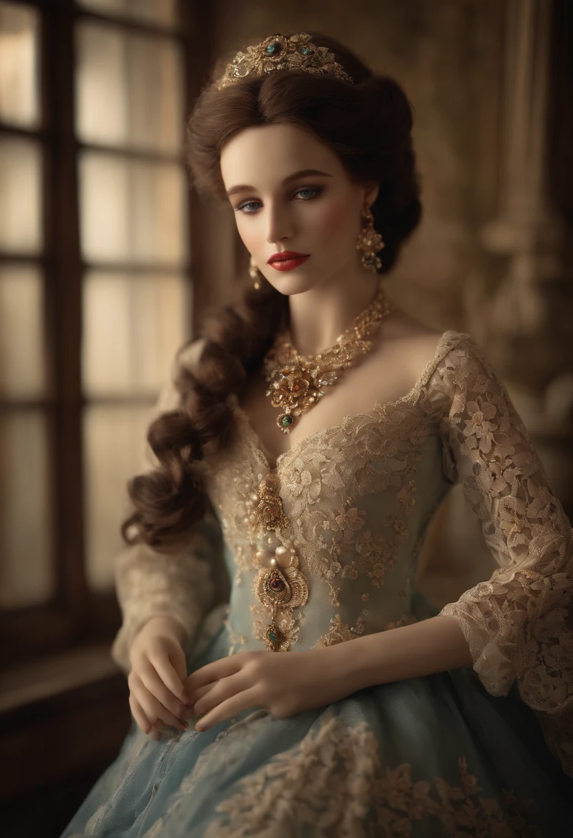 A porcelain doll of the postmodern era, (best quality, highres, masterpiece:1.2),ultra-detailed, [vibrant colors], [soft lighting], mixed with antique aesthetics, [delicate porcelain texture], [meticulous craftsmanship], [intricate lace dress], [ornate jewelry], [subtle melancholic expressions], [nostalgic atmosphere], [artistic porcelain features], [ethereal beauty].