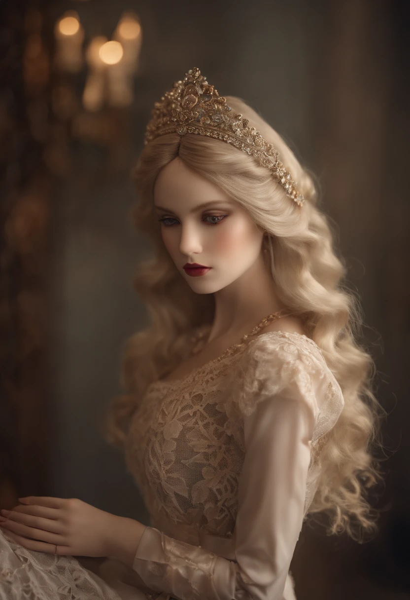 A porcelain doll of the postmodern era, (best quality, highres, masterpiece:1.2),ultra-detailed, [vibrant colors], [soft lighting], mixed with antique aesthetics, [delicate porcelain texture], [meticulous craftsmanship], [intricate lace dress], [ornate jewelry], [subtle melancholic expressions], [nostalgic atmosphere], [artistic porcelain features], [ethereal beauty].