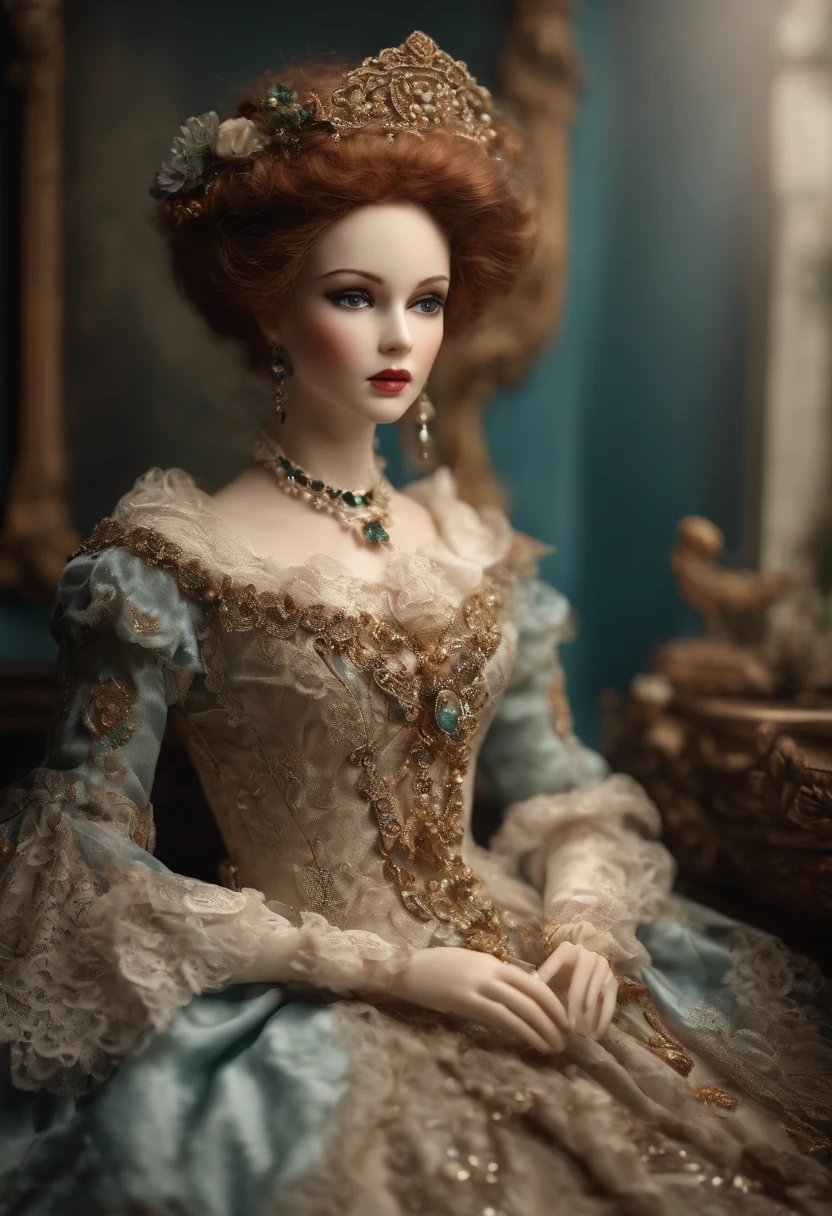 A porcelain doll of the postmodern era, (best quality, highres, masterpiece:1.2),ultra-detailed, [vibrant colors], [soft lighting], mixed with antique aesthetics, [delicate porcelain texture], [meticulous craftsmanship], [intricate lace dress], [ornate jewelry], [subtle melancholic expressions], [nostalgic atmosphere], [artistic porcelain features], [ethereal beauty].
