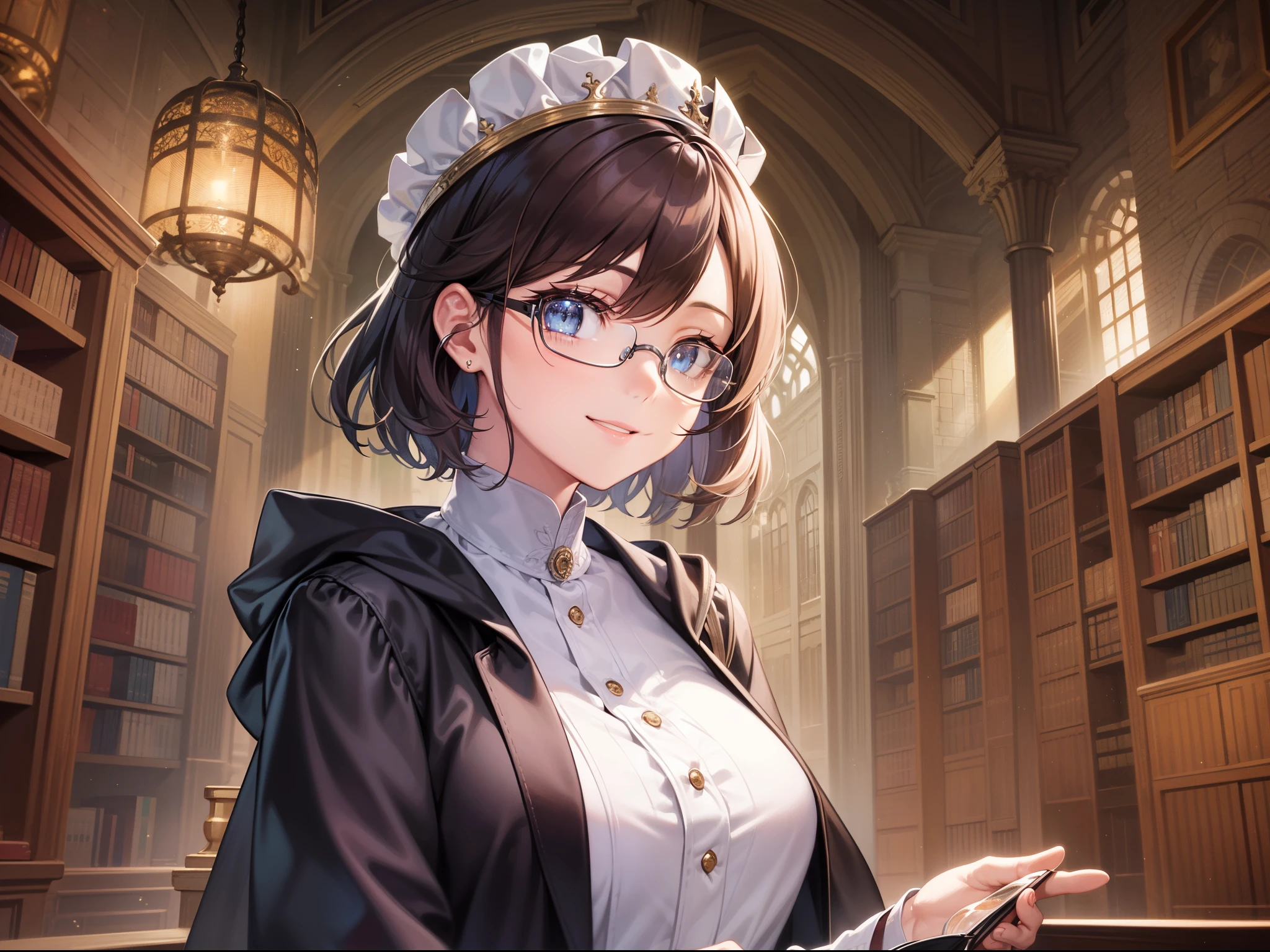 ((Best Quality)), (Best Masterpiece)), (Details: 1.4),32k,Best Anime,Sharpness,Best Wallpaper,Light Manipulation:0.9,(Sage),Smiling,Library, (Indestructible Perfect Anatomy),(Beautiful eyes with detailed detail, glossy black),(Beautiful robes with detailed detail),(Glossy short hair:1.4),Cap,Sparkling light:0.7,Rimless glasses: 1.0,