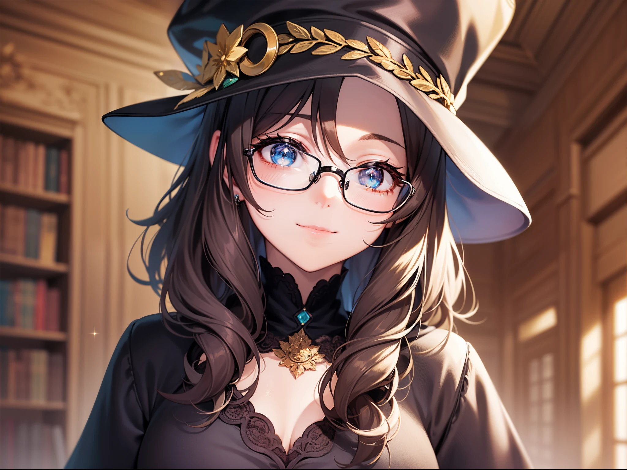 ((Best Quality)), (Best Masterpiece)), (Details: 1.4),32k,Best Anime,Sharpness,Best Wallpaper,Light Manipulation:0.9,(Sage),Smiling,Library, (Indestructible Perfect Anatomy),(Beautiful eyes with detailed detail, glossy black),(Beautiful robes with detailed detail),(Glossy short hair:1.4),Cap,Sparkling light:0.7,Rimless glasses: 1.0,