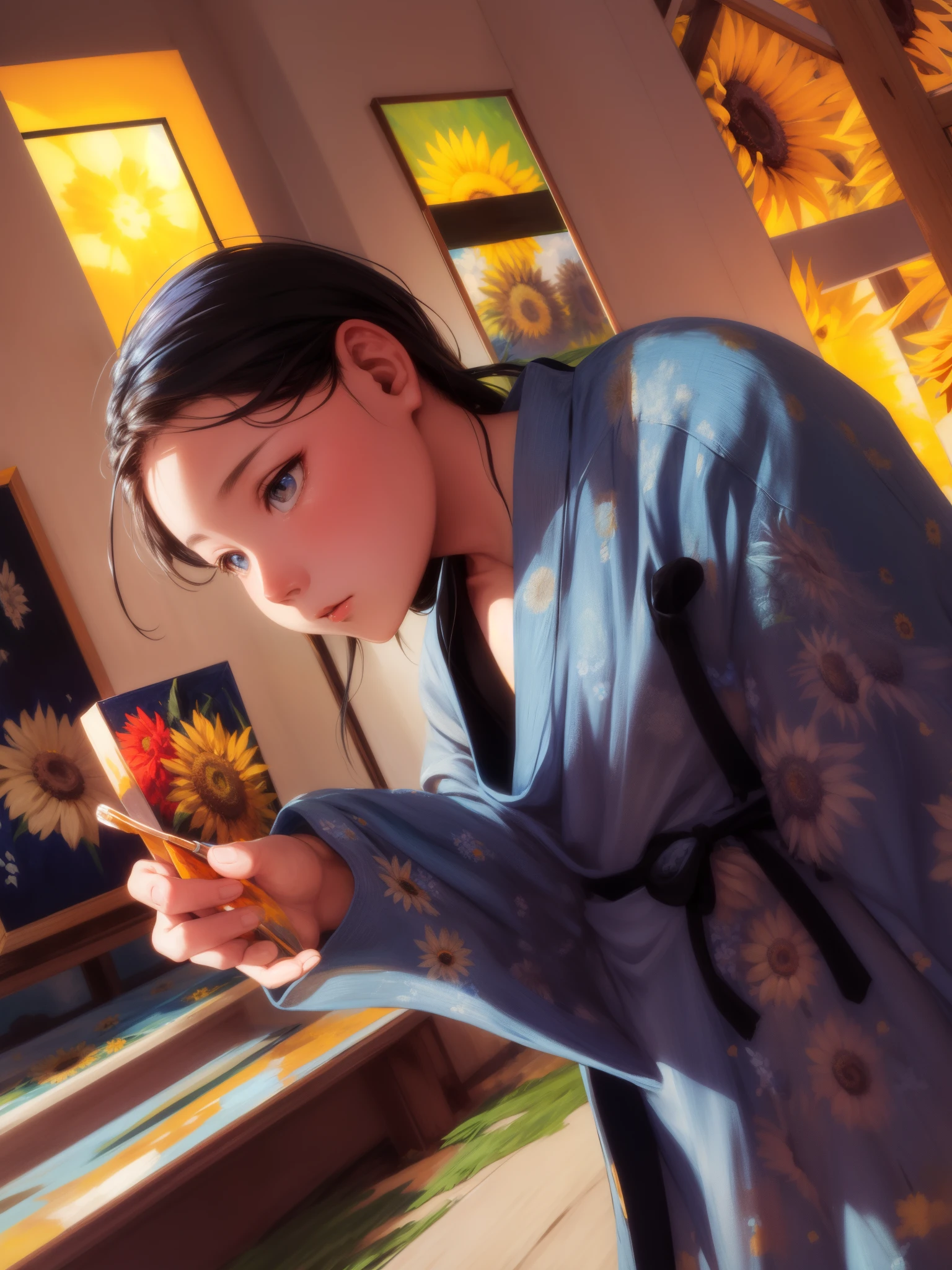 Cast of fictional characters, Dress with young blue flowers, surrounded by sunflowers, protagonist, with eyes open, your hair blows in the wind, And the sun heals, Monochrome painting close up, fisherman, dreamer, Oil Painting Style, acrylic paint,, Japanese, Interesting concept, Interesting design - AR 3:4 with 20 - niji 5