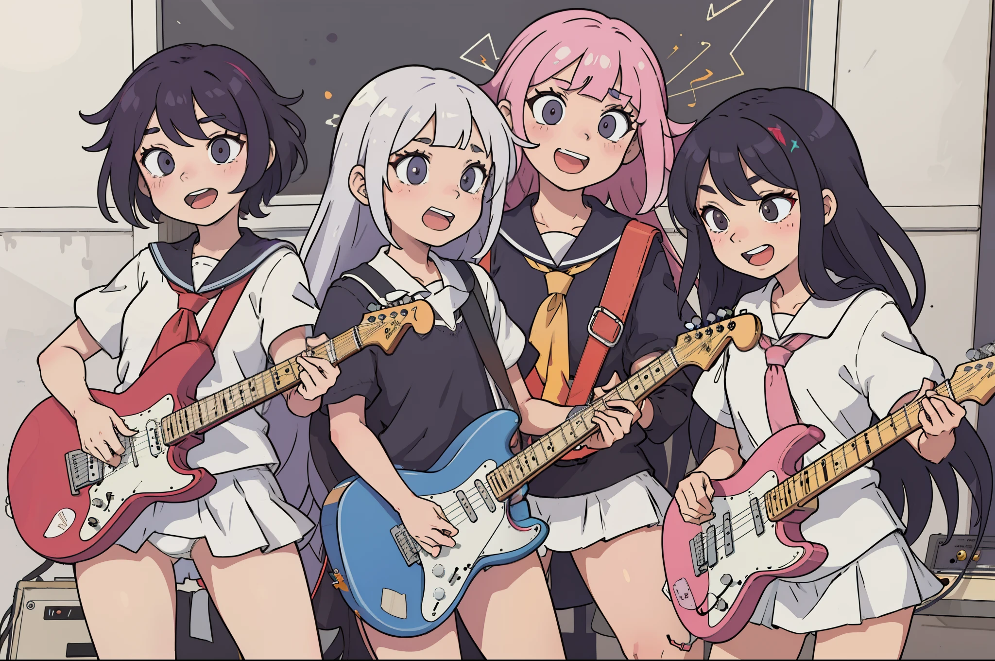 (superflat, flat shading, flat colors), masterpiece, best quality, 3girls, , rock band, (white panties), school uniform, play electric guitars, in a garage, sing, having fun, bright, wide angle