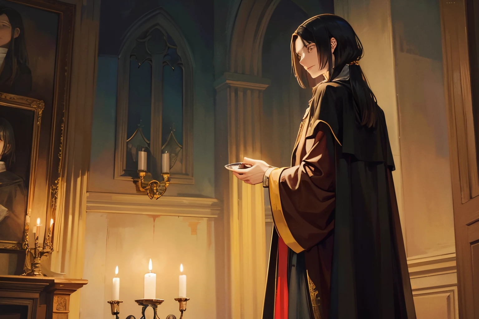 Imagine Severus Snape in Gryffindor robes, standing confidently with a warm smile on his face. His long black hair cascades down, and he holds a candle in one hand. The stone wall in the background adds a dramatic touch to the scene. The overall image captures a more positive and approachable side of Severus Snape, embracing the Gryffindor spirit.