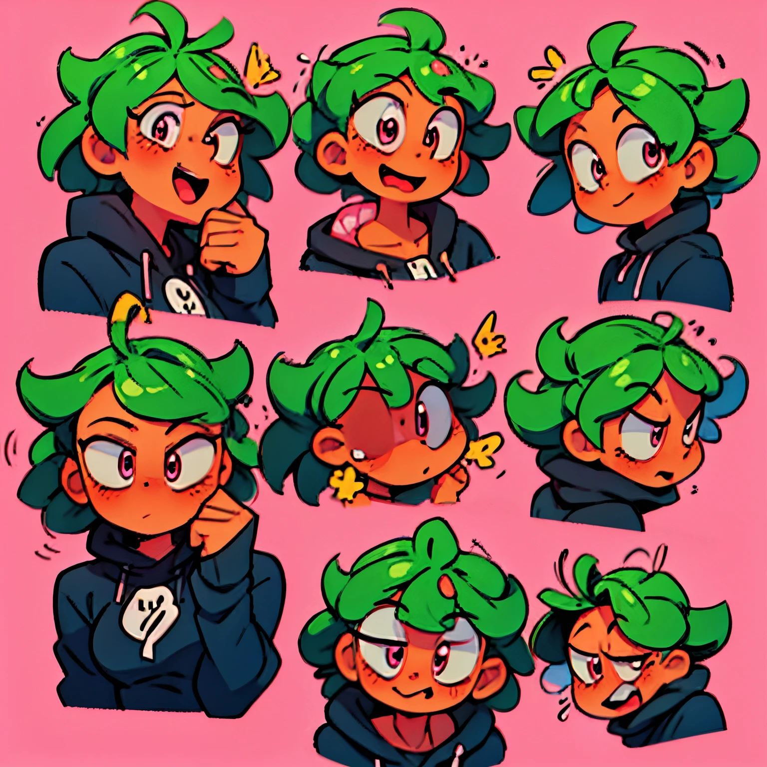 very happy laughing anime female head icon short green hair pink eyes looking diagonal right up no background