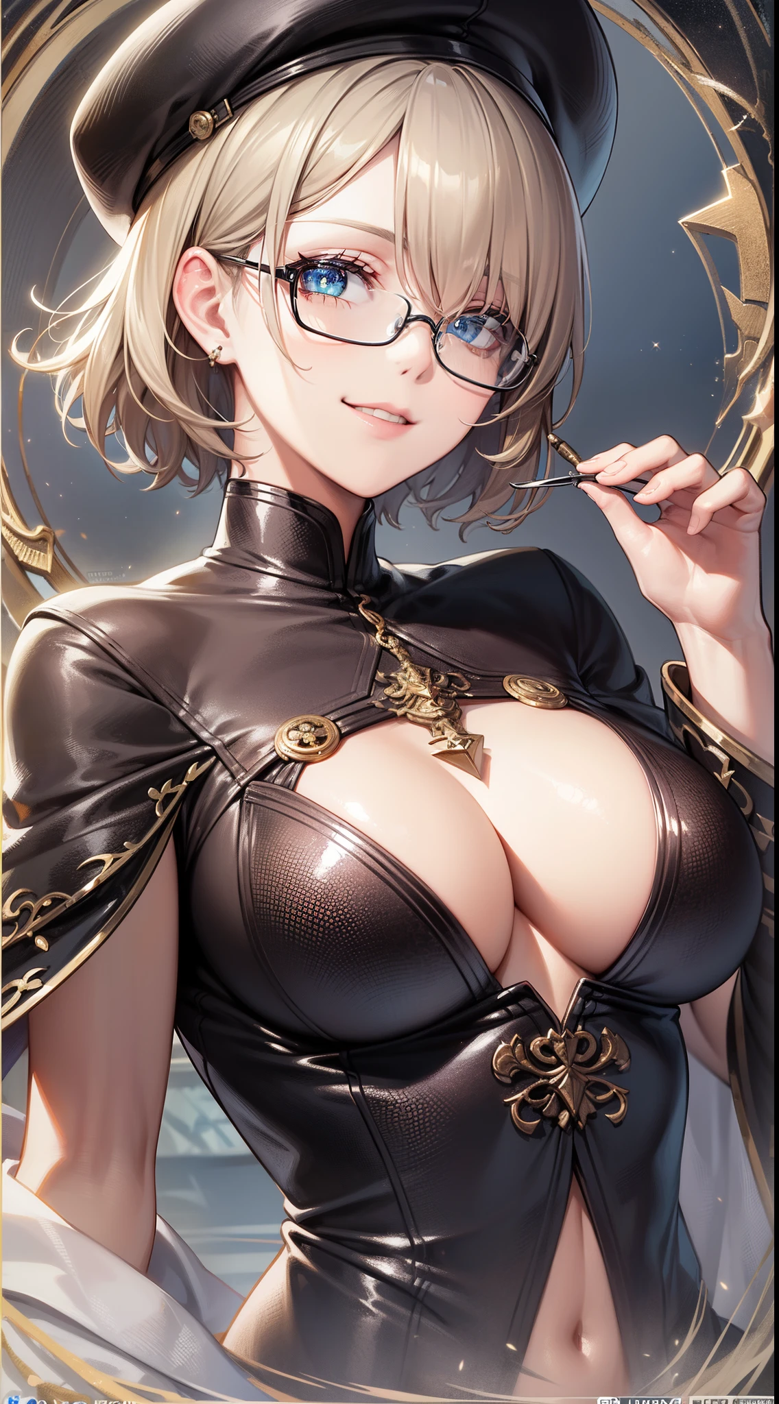 ((Best Quality)), (Best Masterpiece)), (Details: 1.4),32k,Best Anime,Sharpness,Best Wallpaper,Light Manipulation:0.9,(Sage),Smiling,Library, (Indestructible Perfect Anatomy),(Beautiful eyes with detailed detail, glossy black),(Beautiful robes with detailed detail),(Glossy short hair:1.4),Cap,Sparkling light:0.7,Rimless glasses: 1.0, Having ancient documents