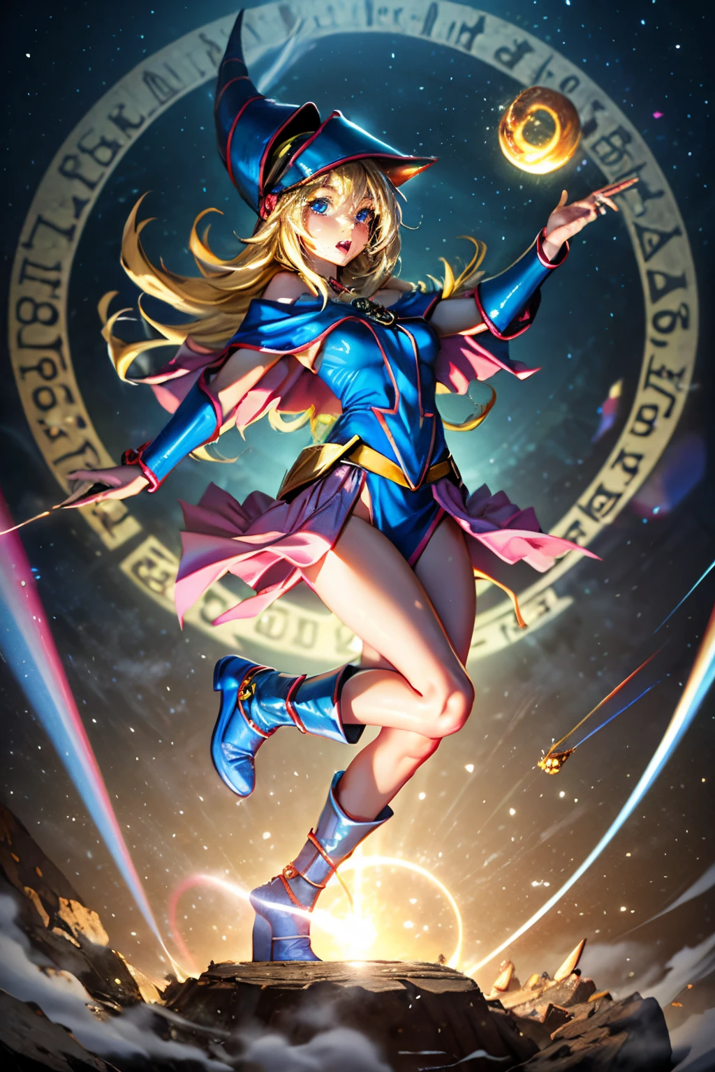 Black Magician Girl、super breasts、thick thighs、blonde hair、magic circle、8K, 4k, highest quality, High resolution: 1.2),winking、Nipples exposed、cute anime face、Pink blush on cheeks、noise removal、Leotard that bites into、have a cane、Hold your cane、Rear view、Turning around、full body portrait、T-back that digs into your butt、Glowing green eyes、Laughter