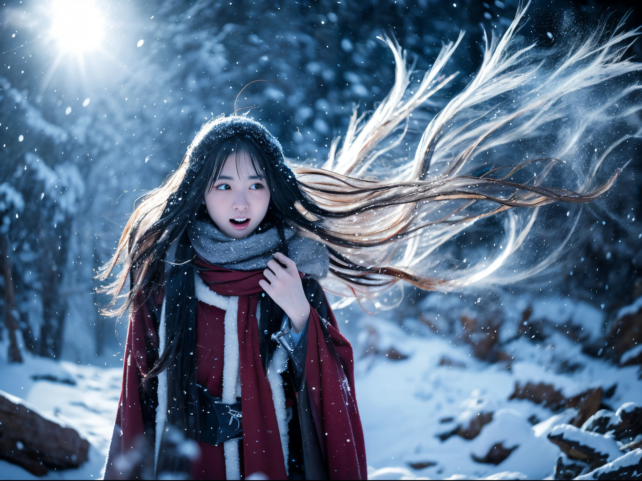 Create a dramatic and enchanting illustration of a Yuki-Onna from Japanese folklore, set in a blizzard-ridden snowy mountain landscape. The Yuki-Onna, characterized by her long, flowing silver hair and a captivatingly mysterious demeanor, exudes an icy charm. She is shown blowing a cold, frosty breath towards a hunter. The hunter, depicted in traditional winter hunting gear, stands amidst the snow, his expression a mix of awe and apprehension. The background features a harsh, snow-covered mountain terrain with a fierce blizzard, emphasizing the severe and magical atmosphere of this legendary encounter. The focus is on these two characters: the ethereal Yuki-Onna and the mesmerized hunter, encapsulating a moment of mythical interaction.