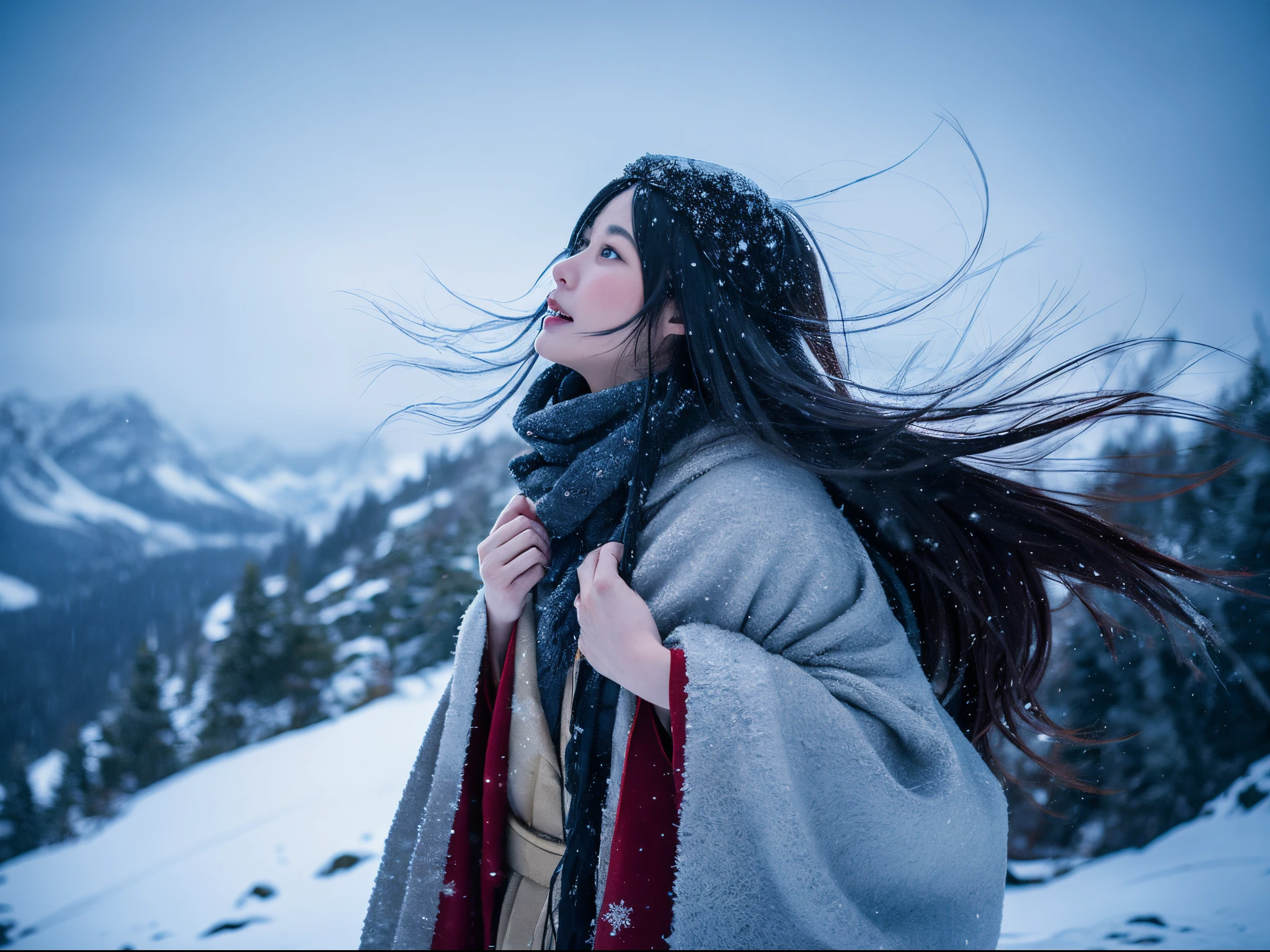 Create a dramatic and enchanting illustration of a Yuki-Onna from Japanese folklore, set in a blizzard-ridden snowy mountain landscape. The Yuki-Onna, characterized by her long, flowing silver hair and a captivatingly mysterious demeanor, exudes an icy charm. She is shown blowing a cold, frosty breath towards a hunter. The hunter, depicted in traditional winter hunting gear, stands amidst the snow, his expression a mix of awe and apprehension. The background features a harsh, snow-covered mountain terrain with a fierce blizzard, emphasizing the severe and magical atmosphere of this legendary encounter. The focus is on these two characters: the ethereal Yuki-Onna and the mesmerized hunter, encapsulating a moment of mythical interaction.