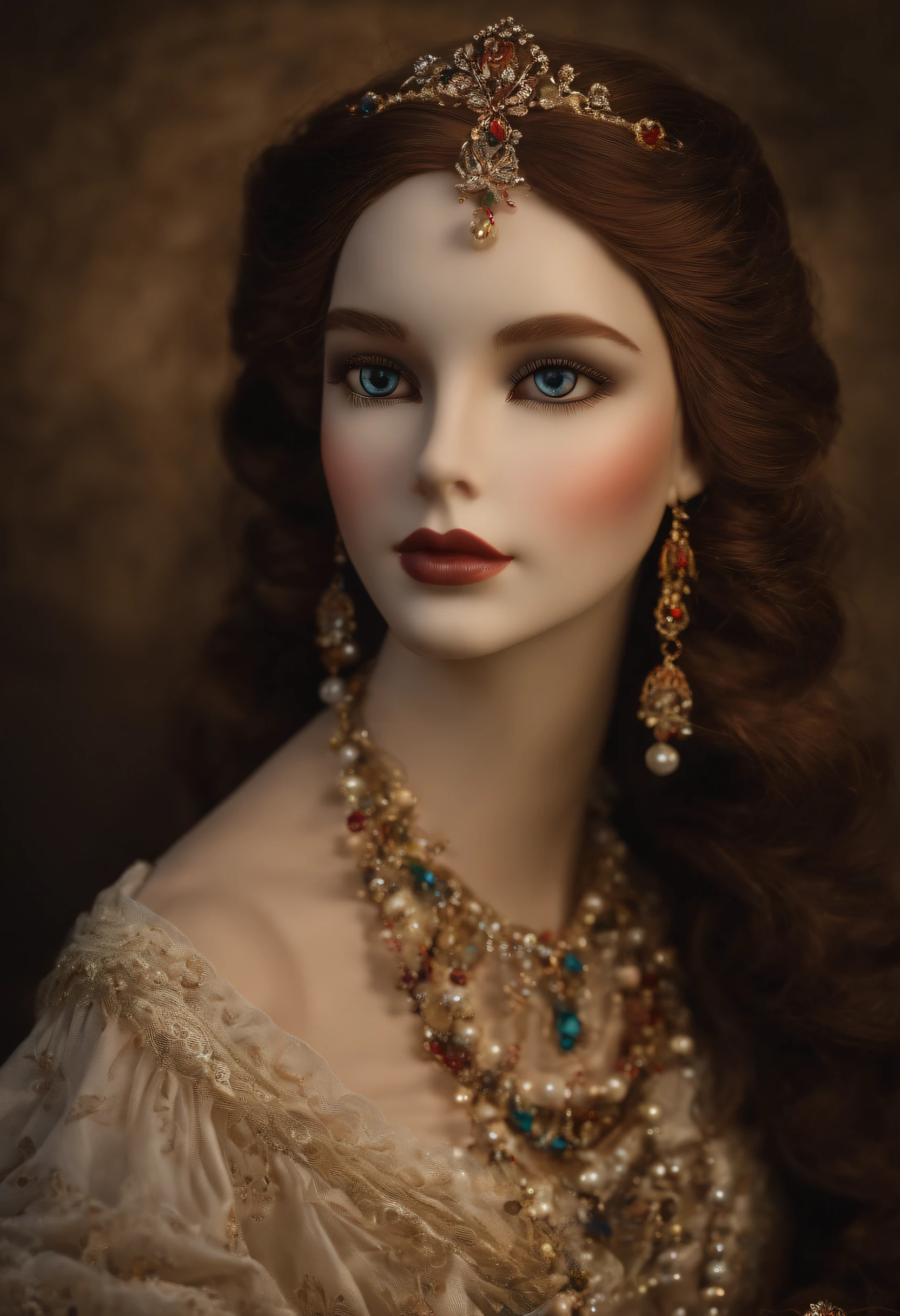 A porcelain doll of the postmodern era, (best quality, highres, masterpiece:1.2),ultra-detailed, [vibrant colors], [soft lighting], mixed with antique aesthetics, [delicate porcelain texture], [meticulous craftsmanship], [intricate lace dress], [ornate jewelry], [subtle melancholic expressions], [nostalgic atmosphere], [artistic porcelain features], [ethereal beauty].