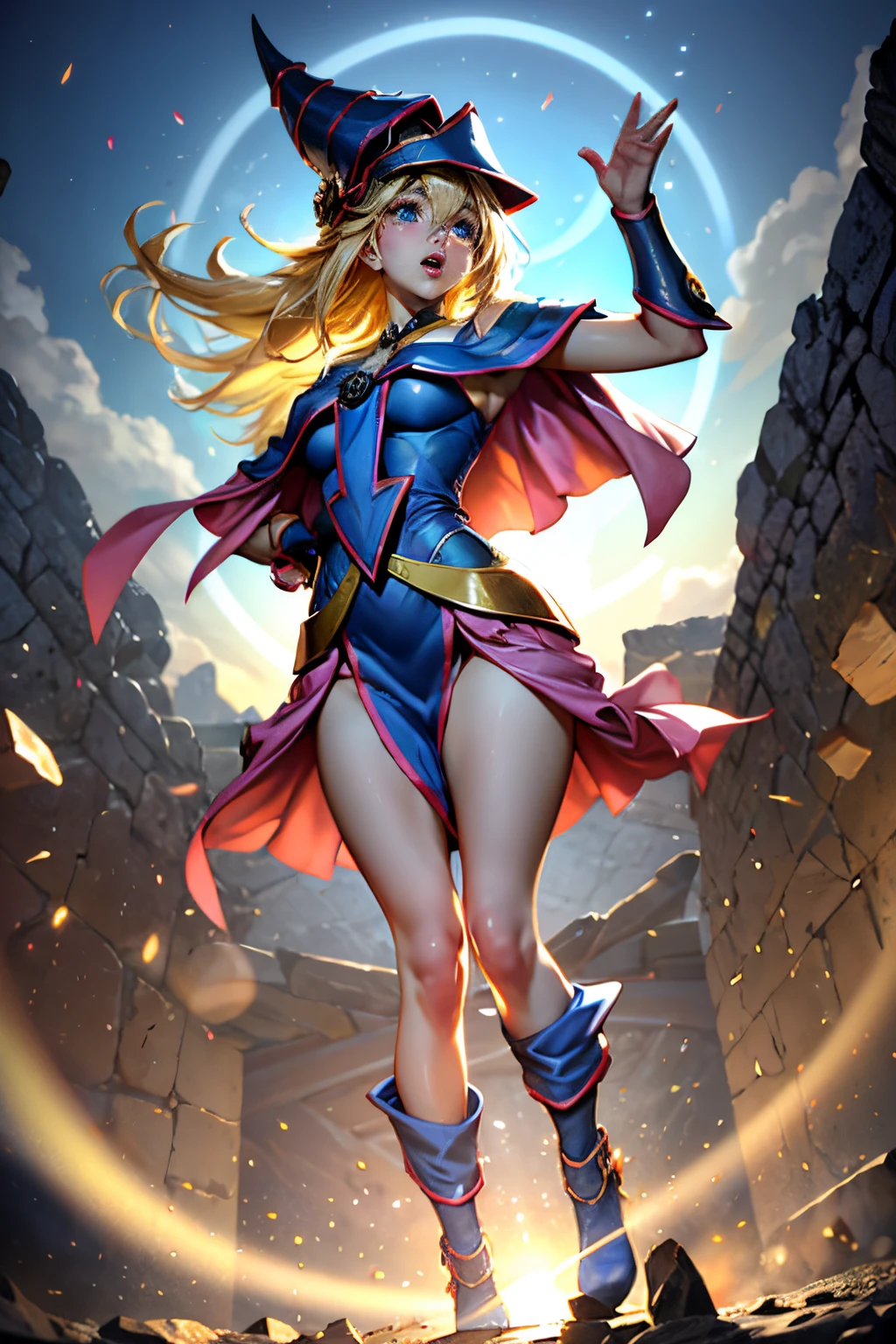 (Obra maestra:1.2), (La mejor calidad:1.2), Perfect lighting, Chica Maga Oscura lanzando un hechizo, flotando en el aire, Levitating over a magic circle , Portal de Circle, tetas grandes, escote abierto, fondo de magia. Pose sejustiva y sexy. Fuegos artificiales de fondo. dragon armaguedon