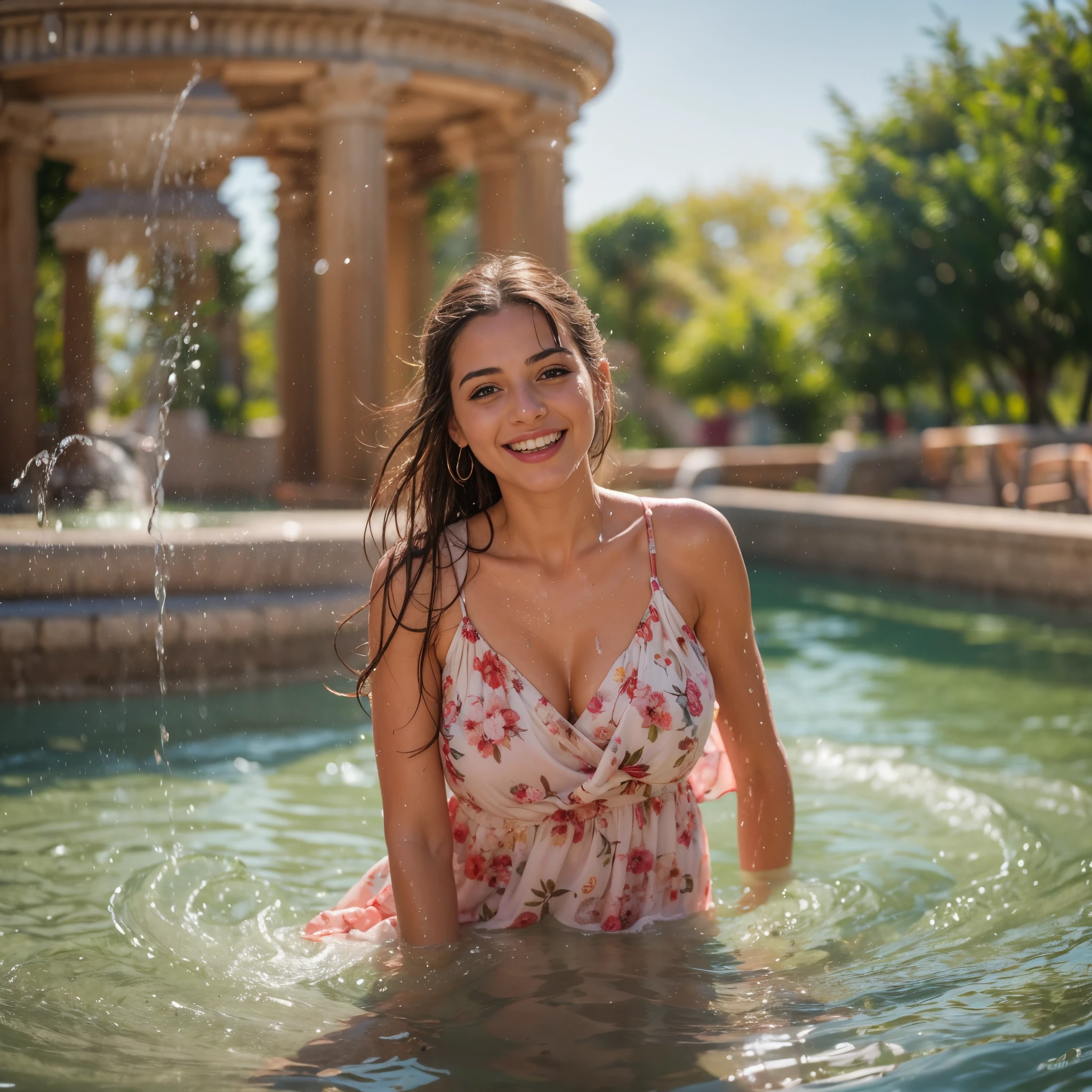 (masterpiece, 8k, best quality:1.2), in the fountain, solo, outdoor, 1girl, 27 yo greek woman, smile, looking at viewer, floral sun dress, wet clothes, soaked, wet hair, wet skin, translucent, bright sunshine, soaked heavy clothes, playful