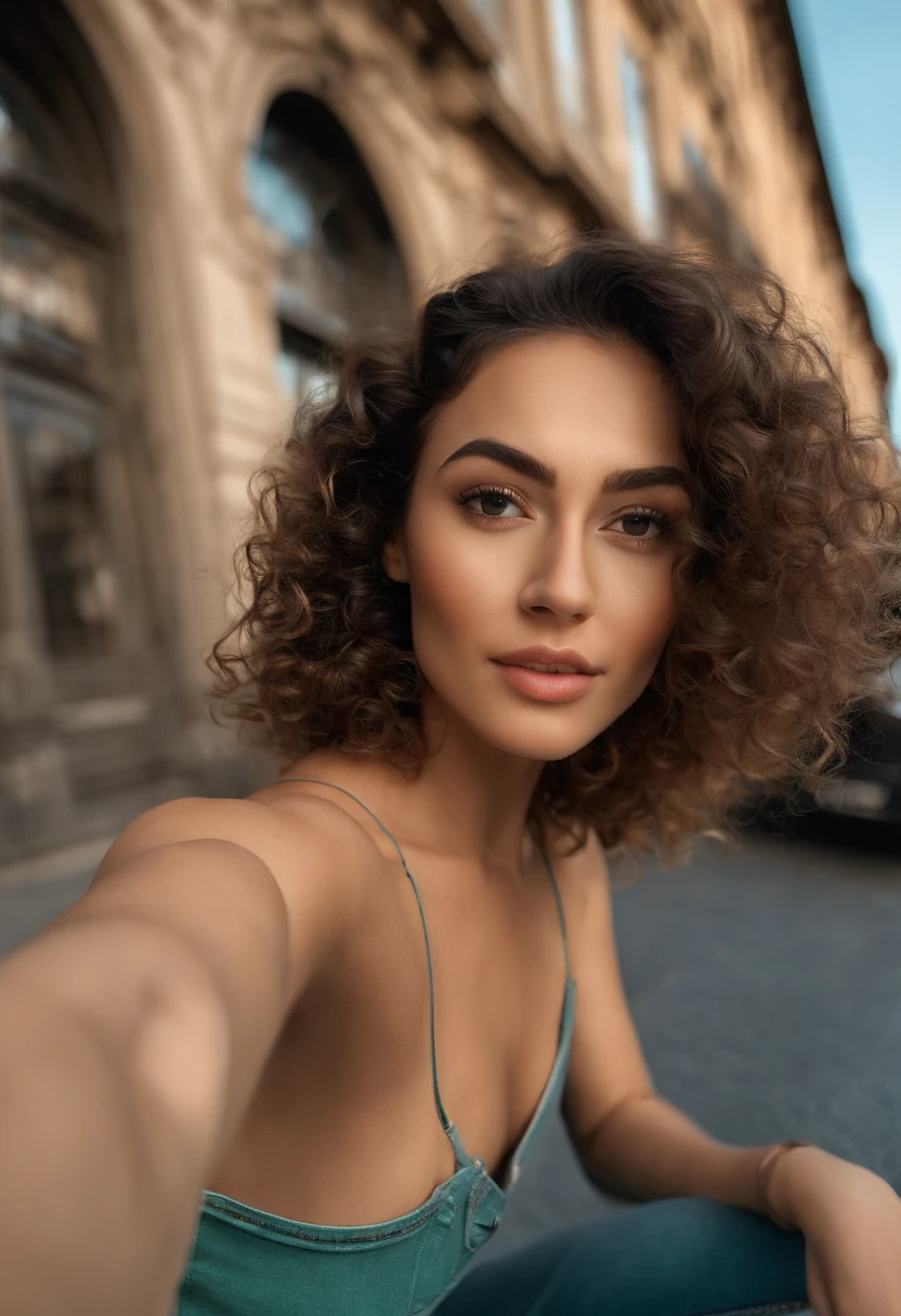 Long eyelashes, solid circle eyes, small nose, ((((long and curly hair)))), Mediterranean Caucasian, 30 years old, ultra-high resolution.fotorrealistic: 1.4, ((((Enara Aiza)))), Selfie of a young woman, Selfie shot directly at an angle, Selfie photography, taking a selfie ((Normal facial expression)), ((wearing a green T-shirt, black bomber, and jeans)), ((Selfie)), on a street in Bilbao, sitting, black sunglasses, Sunset light, Wide shot, super detail, UHD, textured skin, 4k, 1080p