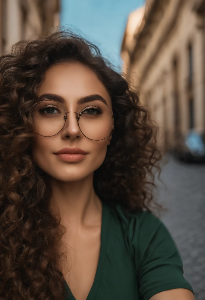 Long eyelashes, solid circle eyes, small nose, ((((long and curly hair)))), Mediterranean Caucasian, 30 years old, ultra-high resolution.fotorrealistic: 1.4, ((((Enara Aiza)))), Selfie of a young woman, Selfie shot directly at an angle, Selfie photography, taking a selfie ((Normal facial expression)), ((wearing a green T-shirt, black bomber, and jeans)), ((Selfie)), on a street in Bilbao, sitting, black sunglasses, Sunset light, Wide shot, super detail, UHD, textured skin, 4k, 1080p