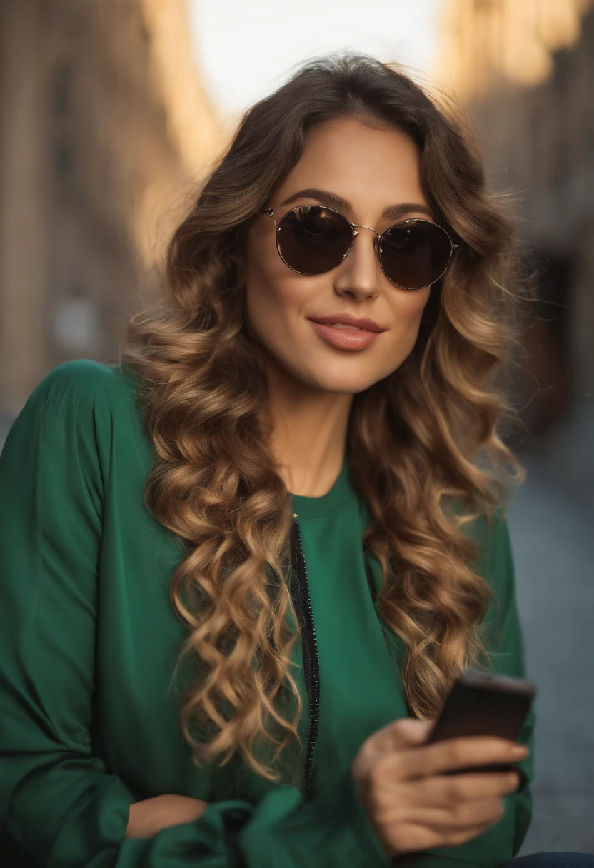 Long eyelashes, solid circle eyes, small nose, ((((long and curly hair)))), Mediterranean Caucasian, 30 years old, ultra-high resolution.fotorrealistic: 1.4, ((((Enara Aiza)))), Selfie of a young woman, Selfie shot directly at an angle, Selfie photography, taking a selfie ((Normal facial expression)), ((wearing a green T-shirt, black bomber, and jeans)), ((Selfie)), on a street in Bilbao, sitting, black sunglasses, Sunset light, Wide shot, super detail, UHD, textured skin, 4k, 1080p