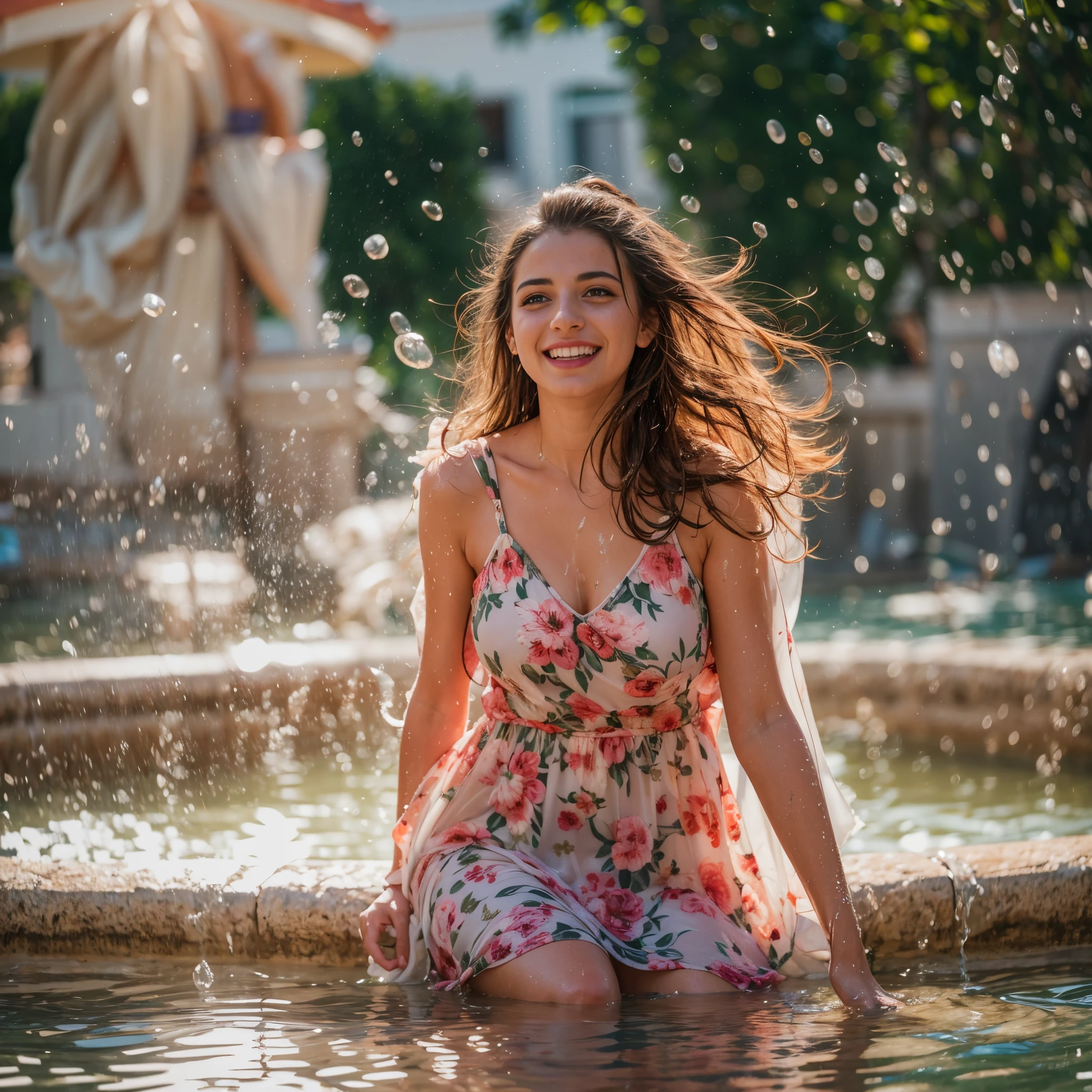 (masterpiece, 8k, best quality:1.2), in the fountain, solo, outdoor, 1girl, 27 yo greek woman,  smile, looking at viewer, floral sun dress, wet clothes, soaked, wet hair, wet skin, translucent, bright sunshine, soaked heavy clothes, playful