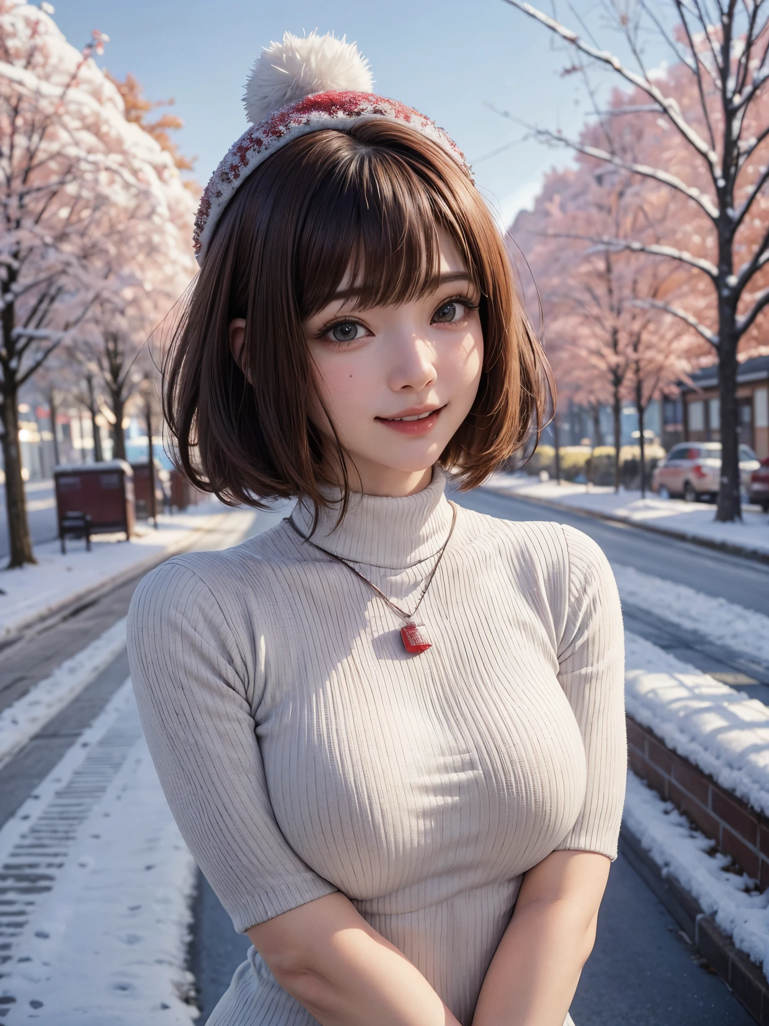 (masutepiece:1.4, top-quality、Very attractive adult beauty with a very cute smile:1.4、Add intense highlights to the eyes:1.4、Look firmly at the camera、Put your right hand on your chest、Beautiful woman full of adult charm:1.4),1girl in, 独奏, Light brown shiny hair, muffler,Santa Claus hat:1.4,realisitic, looking at the viewers, Bright colored crystal light blue eyes:1.4, short shiny hair, Santa Claus Starneck Knit、 Red and white costume of Santa Claus in a turtleneck with a round hole in the center of the chest:1.4,Sexy red and white turtleneck knit sweater with round hole in the center of chest:1.4、 s lips, lipgloss:1.4，bangss, The upper part of the body、big eye、Lashes、The face is a little red:1.4、Embarrassing)、((Canada's tree-lined streets in winter:1.4))、((Brunette's short bob hair with bangs、big eye、Put very strong highlights in your students:1.4、{Gigantic|Big|Huge|Mega} breasts:1.4、very Bigger breasts、gazing at viewer、Very beautiful beauty、Put your ears out:1.4、long neck:1.4、little smiling、Beautiful teeth、Open your mouth and smile:1.4))、28 year old:1.4、Very cute supermodel:1.4、